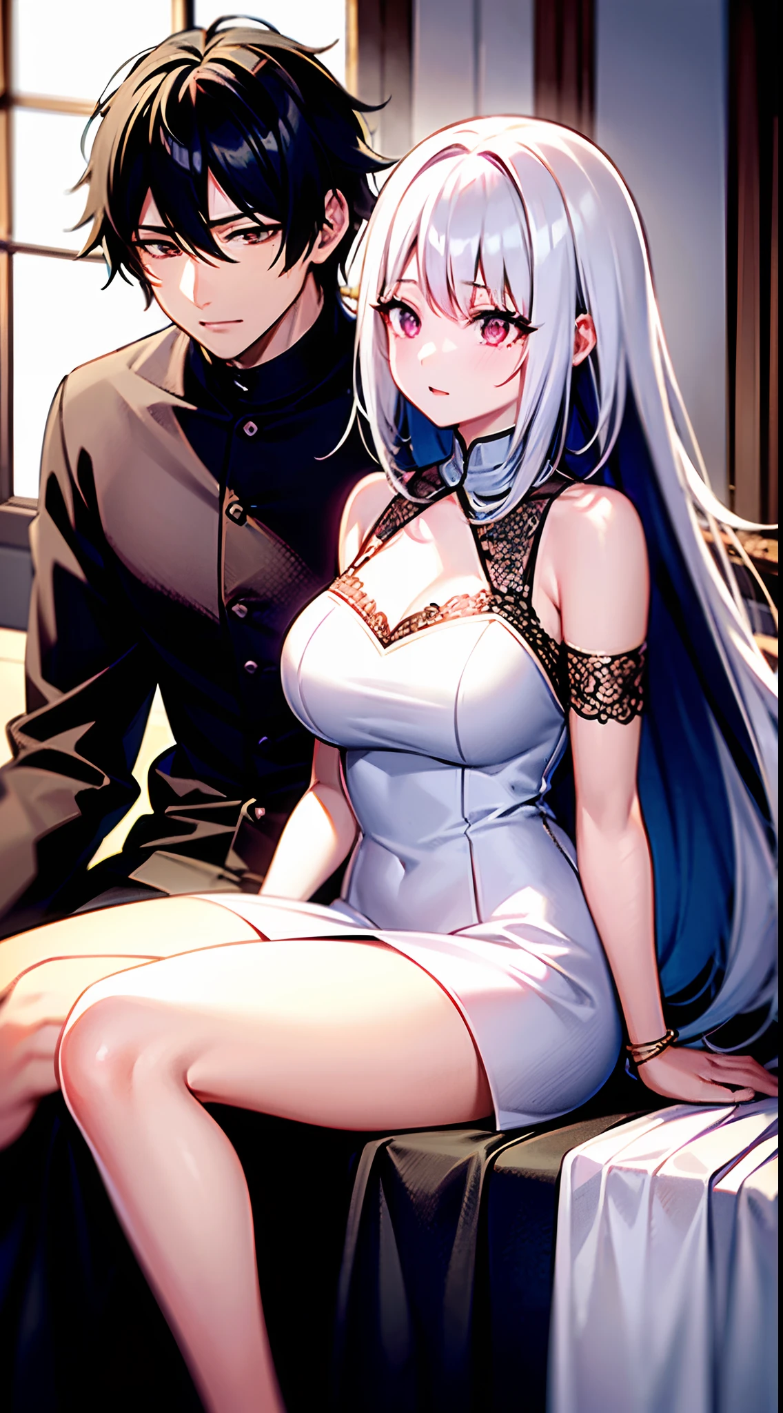 masutepiece, Best Quality, High quality, 2boys,ers old, Sitting on the floor in front of the window, nick silva and ilya kuvshinov, two cute anime boys, akehiko inoue and ross tran, kawacy, wlop and sakimichan, Beautiful Boys, Cute boys, range murata and artgerm, boys art, Shotacon, toppless, White hair, longwavy hair, Friend's yellow hair, towel under the waist、Delicate body、I'm sick、Micro Bikini Pants、((huge-penis))