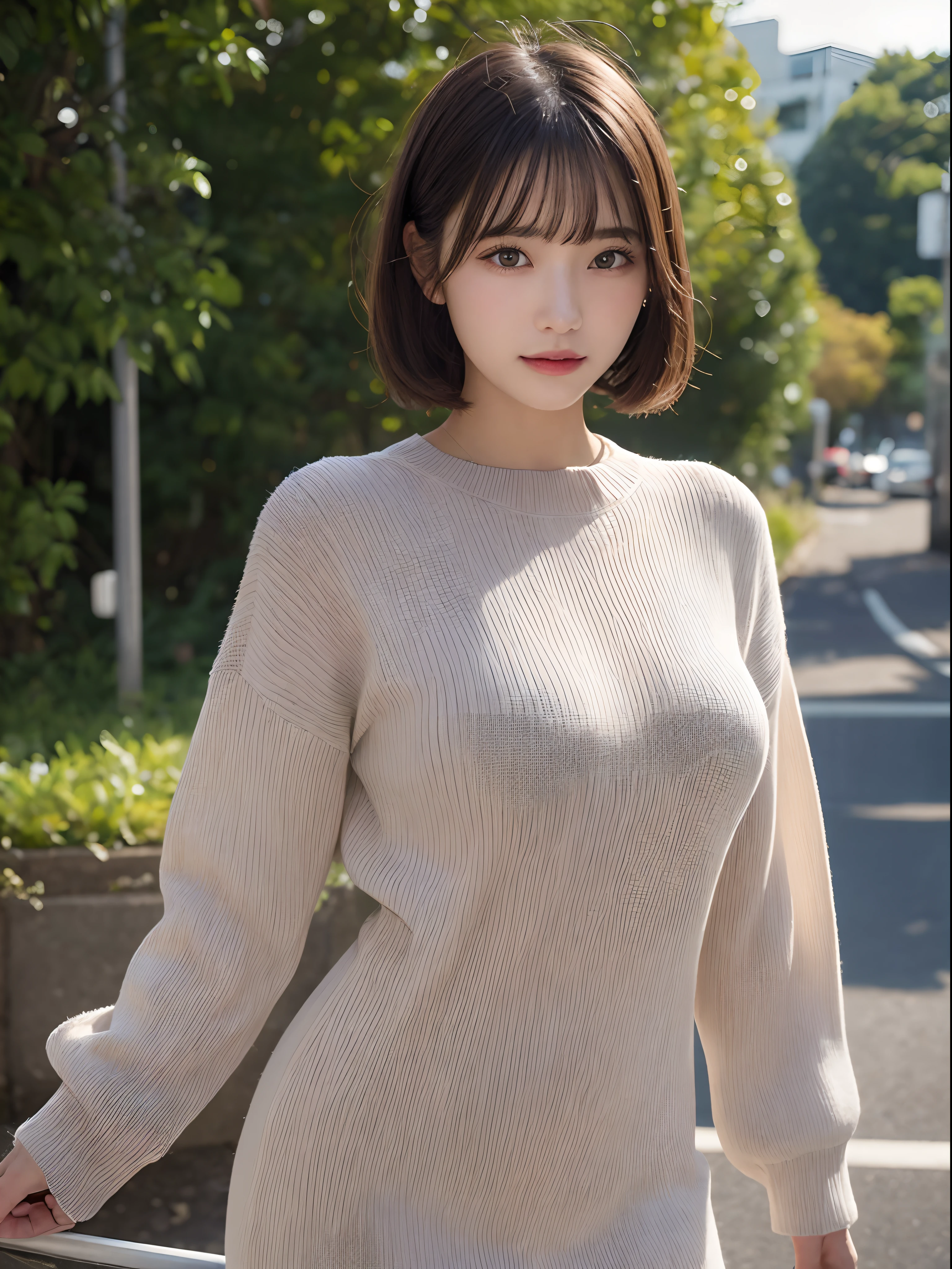 Detailed details,、hight resolution、hightquality、Perfect dynamic composition、Beautiful detailed eyes、short-hair、Small breasts、Natural Color Lip、Kamimei、Shibuya、20 years girl、1 persons、Transparent skin、Glowing hair、masutepiece、Best Quality、finely detail、hight resolution、8K、The correct state of the human body、She wears a long-sleeved long knit dress、randome pose、Gravure Model Pose、Hair soaring in the wind