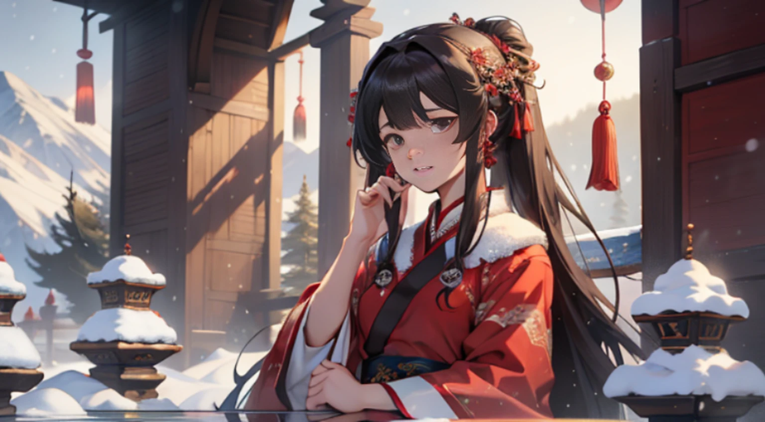 One wearing a red dress，One with flowing hair、Alpha image of a beautiful woman with hairstyle，palaces，A girl in Hanfu，Popular on CGstation，Guviz-style artwork，Guvitz，Popular in CGSTATION，inspired by Du Qiong，inspired by Ma Yuanyu，8K）），Cold winter，winter solstice，Wear thick clothing，There is a fur collar，nevando，Winter view，beautiful snowy landscape