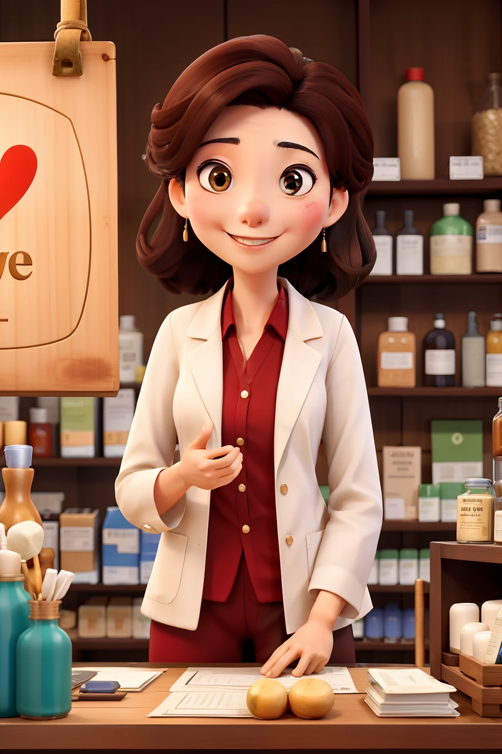 Pharmacist with oriental features making a sign of peace and love