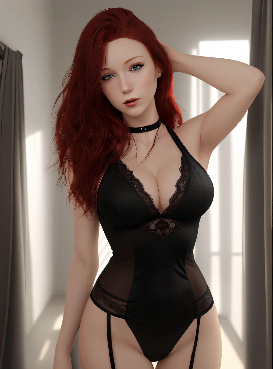 young redhead woman in a silky black dress posing for a picture, flowing red hair, glowing red hair, mesmerizing blue eyes, lush red lips, Kruzadar woman, dark red hair, blue eyes, long hair, hyper realistic, 4k, masterpiece, beautiful, facing the viewer, headshot, ((white skin)), cleavage, deviantart artstation cgscosiety, redhead girl, wearing a black bodysuit, redhead, photorealistic anime girl render, 8k sensual lighting, seductive anime girl, semi - realistic render, sexy outfit