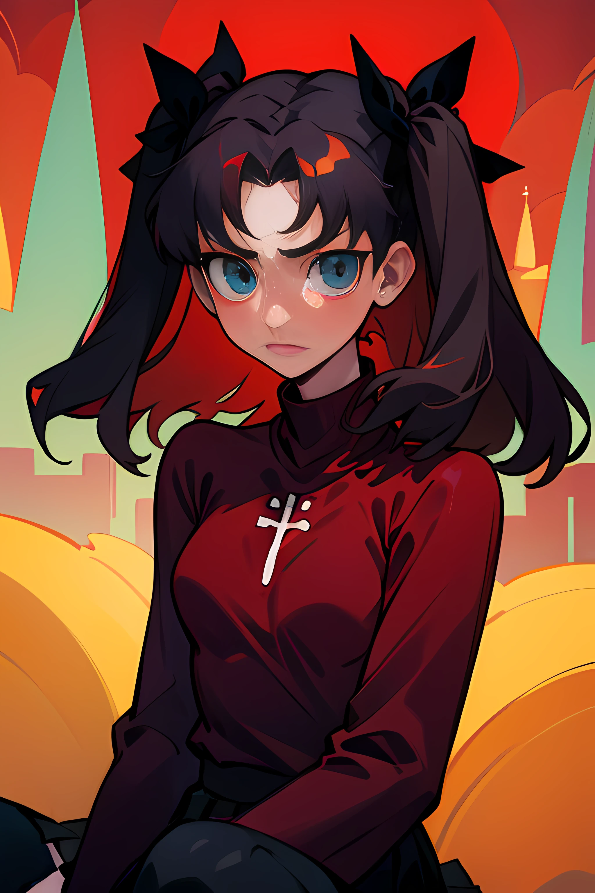 (masterpiece), best quality, expressive eyes, perfect face, 1girl, solo, rintohsaka, rin tohsaka, aqua eyes, black hair, hair ribbon, long hair, ribbon, sidelocks, two side up, black skirt, black thighhighs, long sleeves, miniskirt, pleated skirt, ((red sweater)), skirt, sweater, thighhighs, turtleneck, city background, sitting, character sheet, upper body, portrait, looking at viewer,