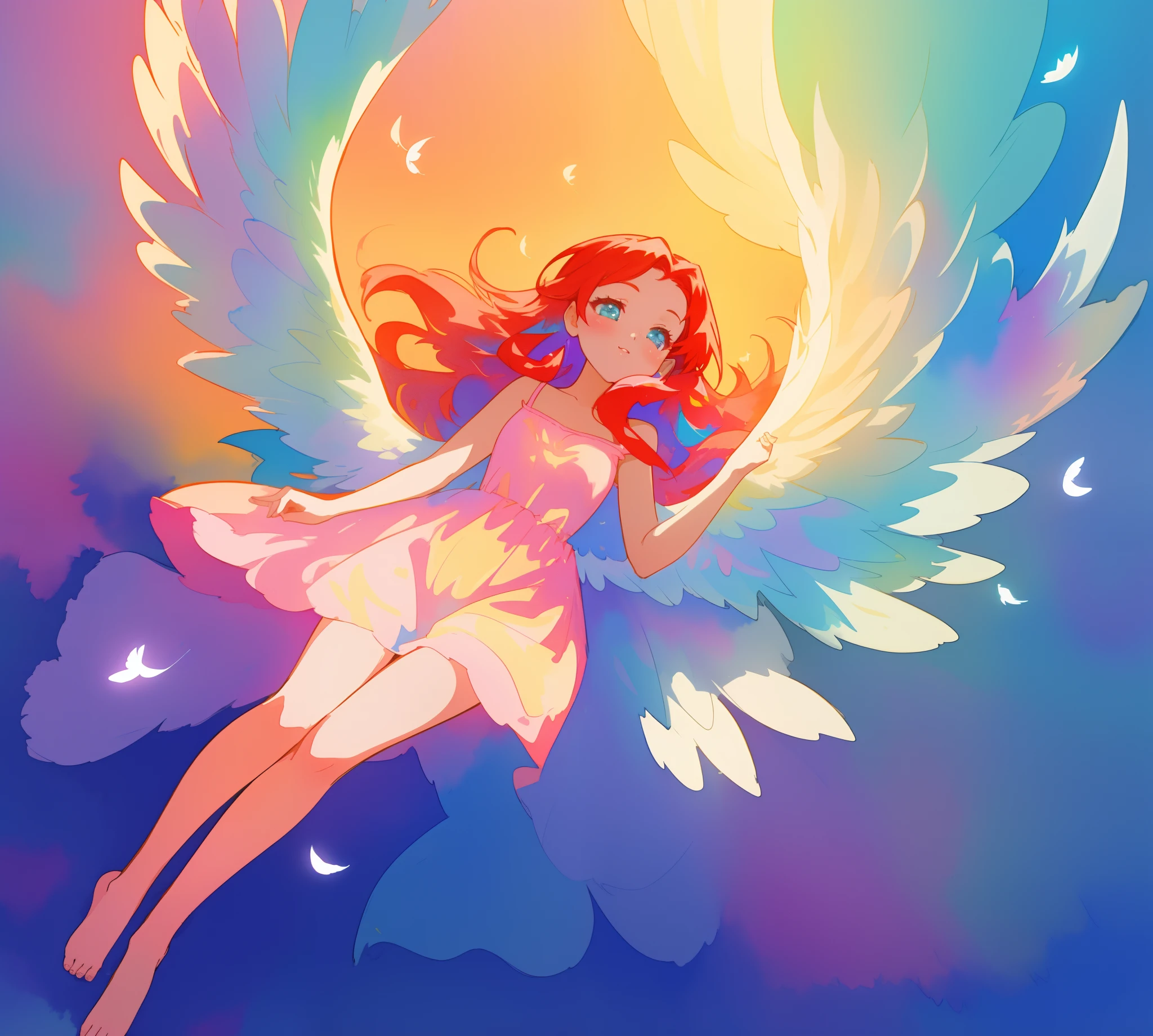 beautiful angel girl barefoot in shimmering long colorful dress, ((colorful angel wings)), vibrant pastel colors, long flowing red hair, colorful fantasia background, watercolor illustration, disney art style, beautiful digital illustration, beautiful, masterpiece, best quality, anime disney style, beautiful face, ((angel)), ((angel wings))