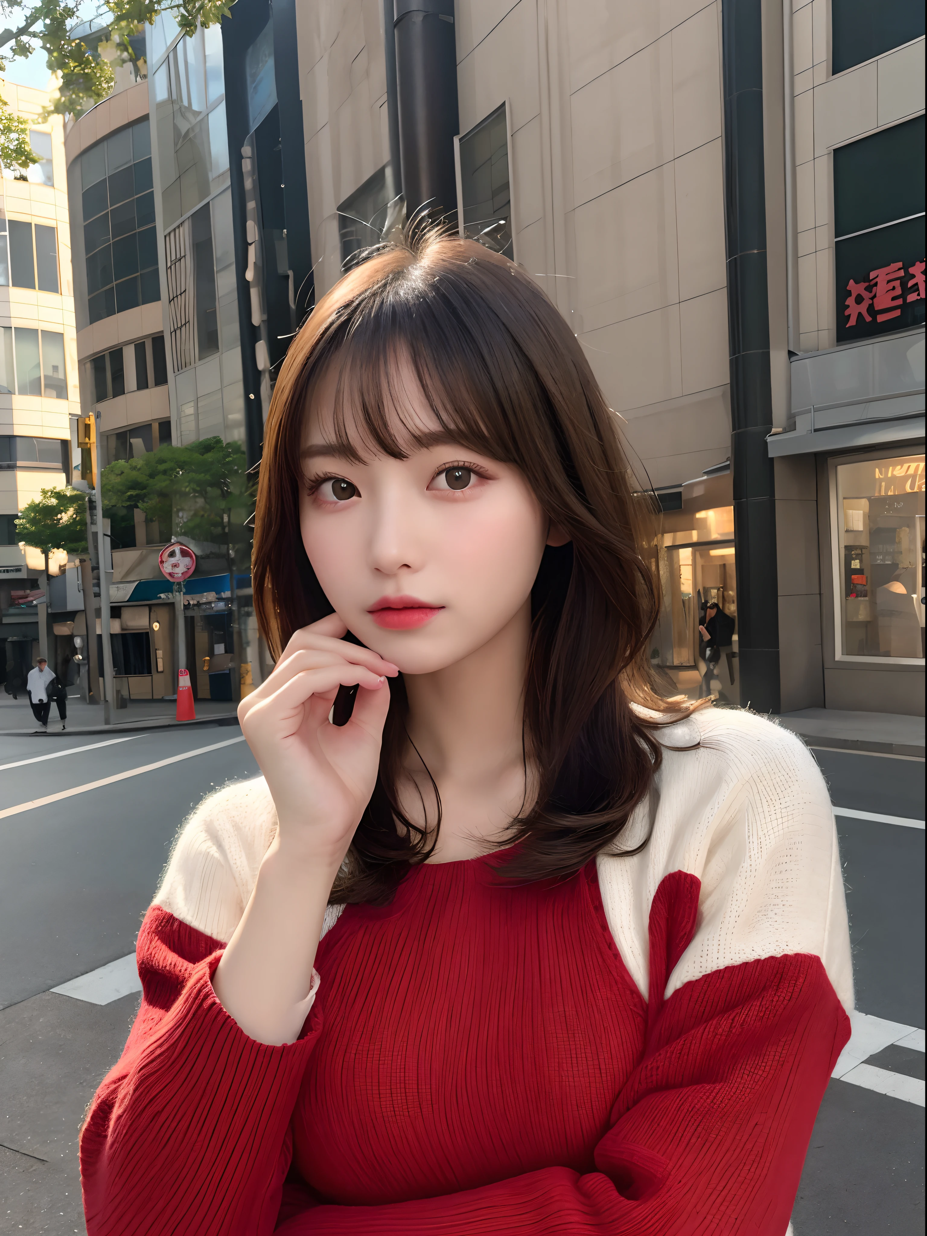 Detailed details,、hight resolution、hightquality、Perfect dynamic composition、Beautiful detailed eyes、short-hair、Small breasts、Natural Color Lip、Kamimei、Shibuya、20 years girl、1 persons、Transparent skin、Glowing hair、masutepiece、Best Quality、finely detail、hight resolution、8K、The correct state of the human body、She wears a long-sleeved knitted dress in red、randome pose、Gravure Model Pose、Hair soaring in the wind