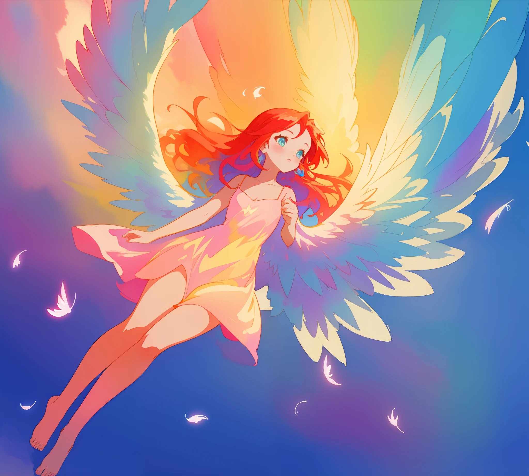 beautiful angel girl barefoot in shimmering long colorful dress, ((colorful angel wings)), vibrant pastel colors, long flowing red hair, colorful fantasia background, watercolor illustration, disney art style, beautiful digital illustration, beautiful, masterpiece, best quality, anime disney style, beautiful face, ((angel)), ((angel wings))