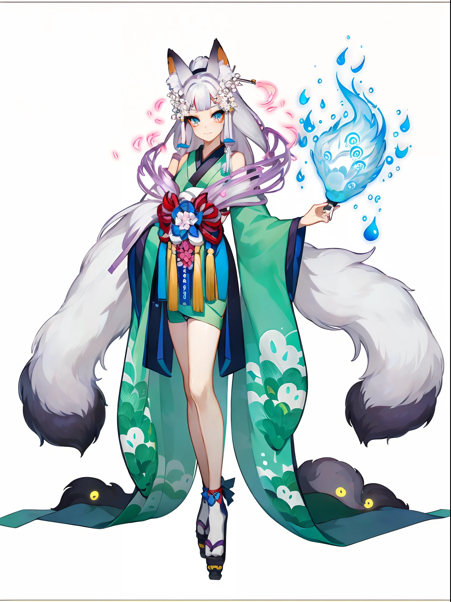 (1 rapariga), (((独奏))), Full body standing painting, (独奏), Clear facial features, (fox ear,Cherry blossom hair accessories,Bow knot), Simple line design, (( ukiyo-style, character design)), A combination of pink and colorful, Zephyr elements, Onmyoji detailed art, Standing drawings of characters, ((flatcolors)), tmasterpiece,top Quority,best qualtiy,超高分辨率, ((Clear facial features,beautidful eyes,beauitful face, Exquisite facial features))