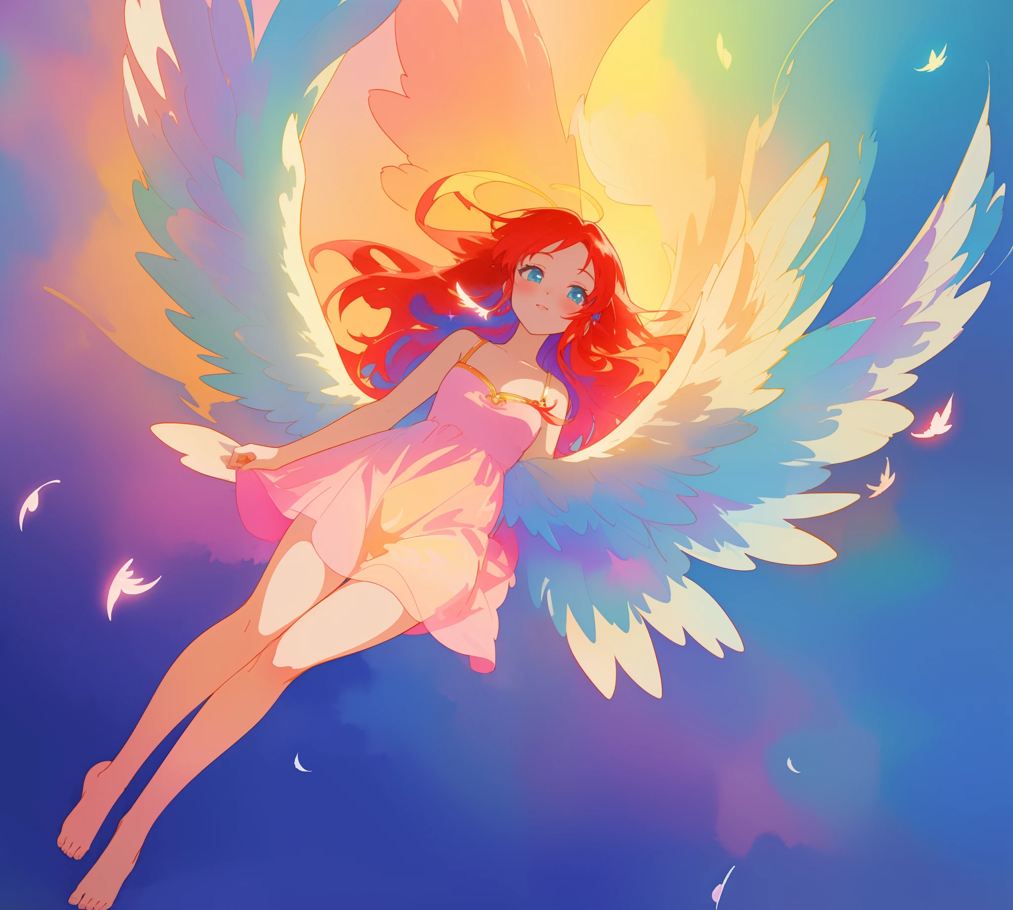 beautiful angel girl barefoot in shimmering long colorful dress, ((colorful angel wings)), vibrant pastel colors, long flowing red hair, colorful fantasia background, watercolor illustration, disney art style, beautiful digital illustration, beautiful, masterpiece, best quality, anime disney style, beautiful face, ((angel)), ((angel wings))