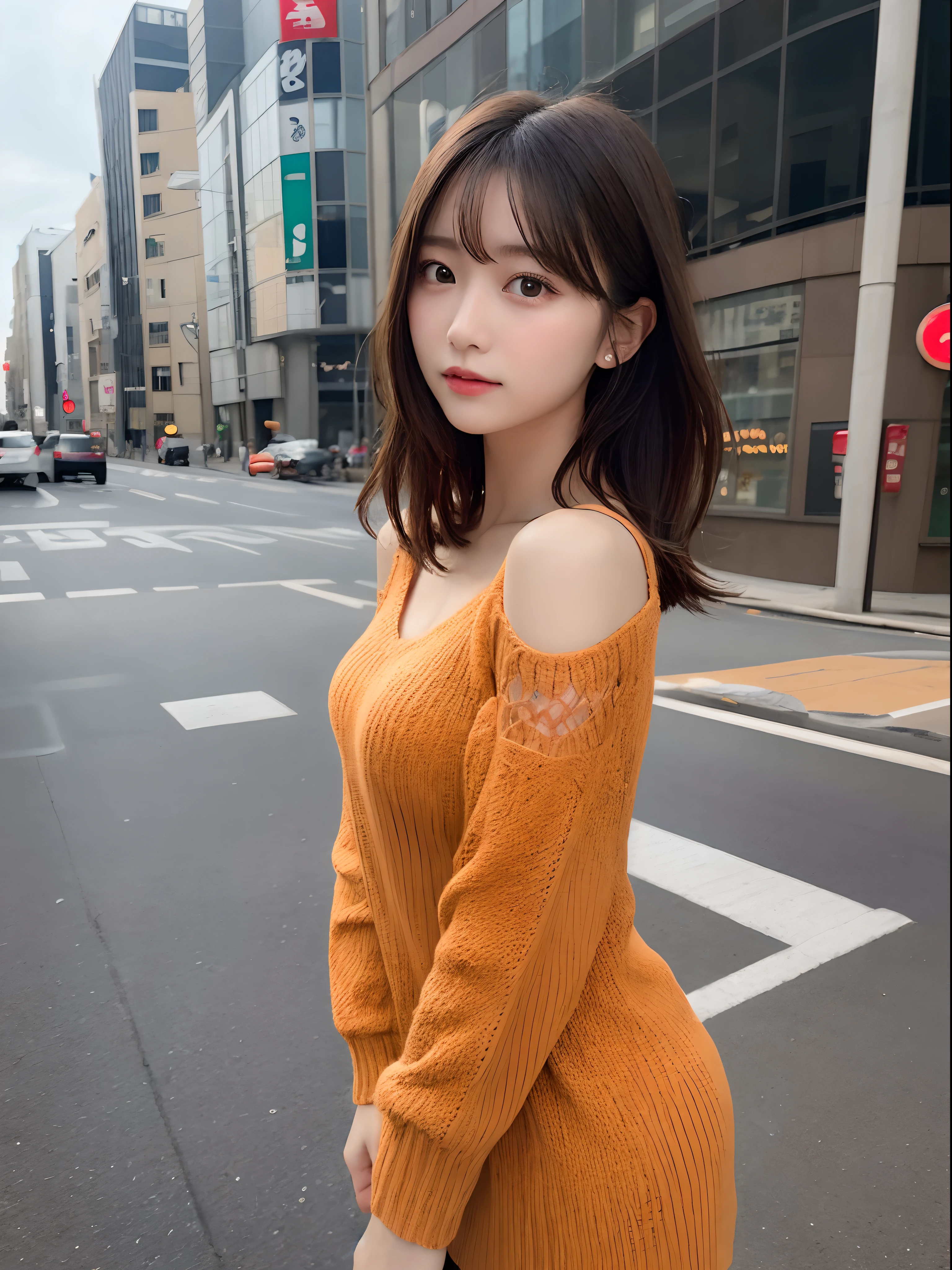 Detailed details,、hight resolution、hightquality、Perfect dynamic composition、Beautiful detailed eyes、short-hair、Small breasts、Natural Color Lip、Kamimei、Shibuya、20 years girl、1 persons、Transparent skin、Glowing hair、masutepiece、Best Quality、finely detail、hight resolution、8K、The correct state of the human body、She wears an orange knitted dress、randome pose、Gravure Model Pose、Hair soaring in the wind