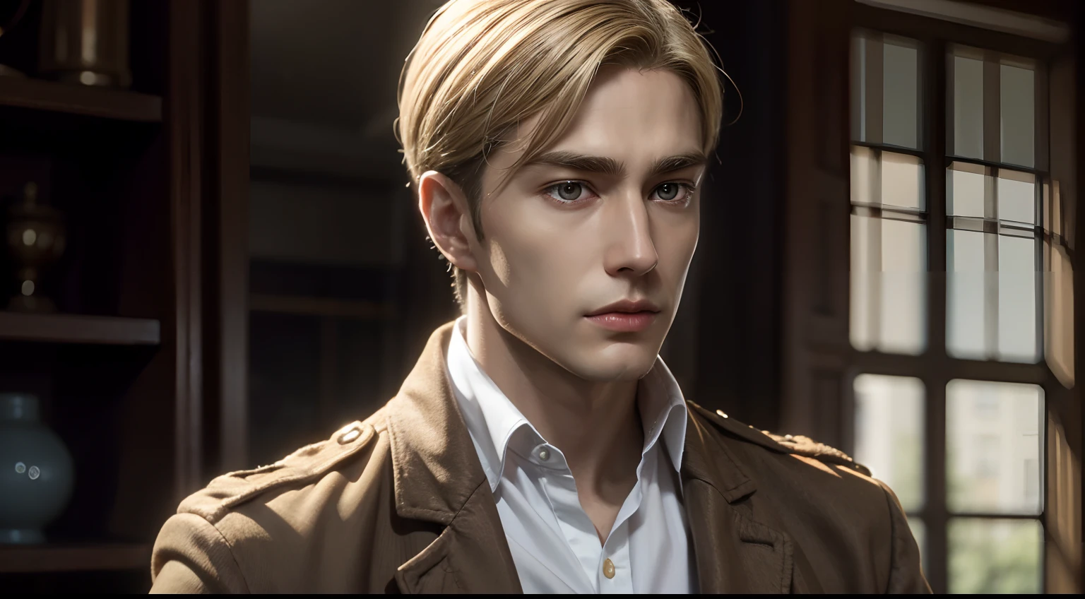 erwin_smith, brown jacket, white shirt, collar, blond hair, British, realistic skin