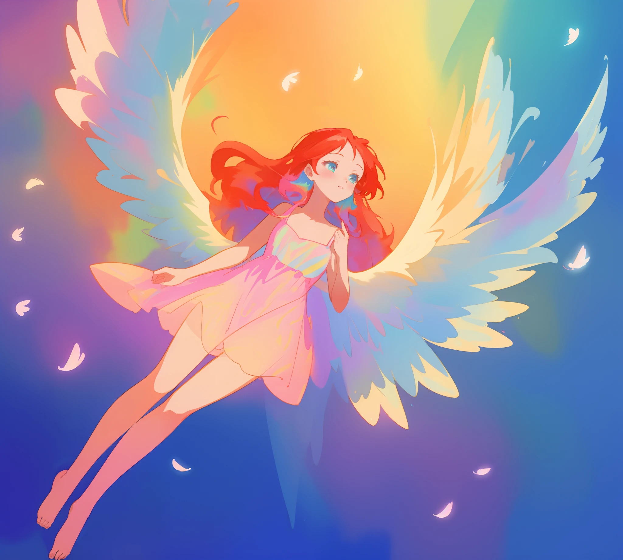 beautiful angel girl barefoot in shimmering long colorful dress, ((colorful angel wings)), vibrant pastel colors, long flowing red hair, colorful fantasia background, watercolor illustration, disney art style, beautiful digital illustration, beautiful, masterpiece, best quality, anime disney style, beautiful face, ((angel)), ((angel wings))