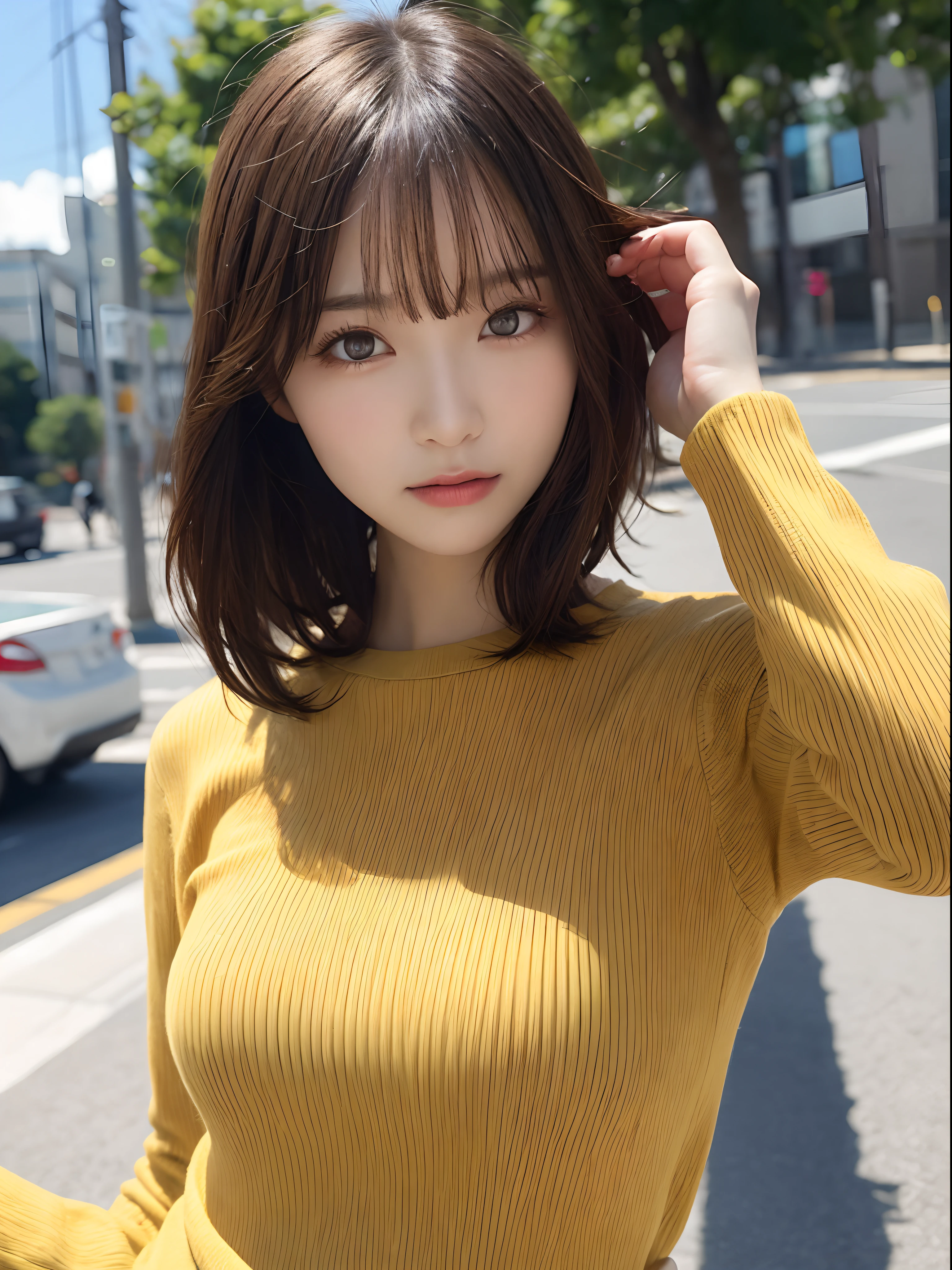Detailed details,、hight resolution、hightquality、Perfect dynamic composition、Beautiful detailed eyes、short-hair、Small breasts、Natural Color Lip、Kamimei、Shibuya、20 years girl、1 persons、Transparent skin、Glowing hair、masutepiece、Best Quality、finely detail、hight resolution、8K、The correct state of the human body、She is wearing a yellow knit dress、randome pose、Gravure Model Pose、Hair soaring in the wind