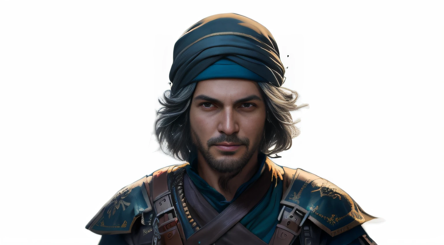 Homem arafed em turbante e armadura de couro com barba, portrait of bedouin d&d, retrato detalhado do caractere, handsome prince of persia, Mogul Khan, retrato da arte do conceito do personagem, 8k portrait render, RPG retrato arte conceitual, retrato da arte do personagem, Retrato de fin wildcloak, retrato do conceito do personagem, retrato do personagem, arte conceitual realista do personagem