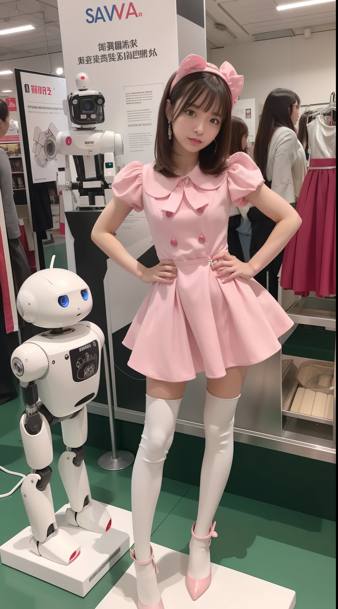 Robot Girl, pink there, Silver, Metallic body, Robot Parts, Metal Parts, Super Detailed Face, Super well-formed face, of the highest quality, a small face, small head, Brown hair, Slender body, Camera gaze, Internal Mechanical Exposure, Idol, front facing, Well-proportioned body, sale, exhibition, Event Hall, Moe Pose, pink metallic maid Dress Machine Armor, Standing with legs open, Hands on hips, Model body type, sad, Embarrassing,(Perfect Robot Girl),(Perfect machine body)