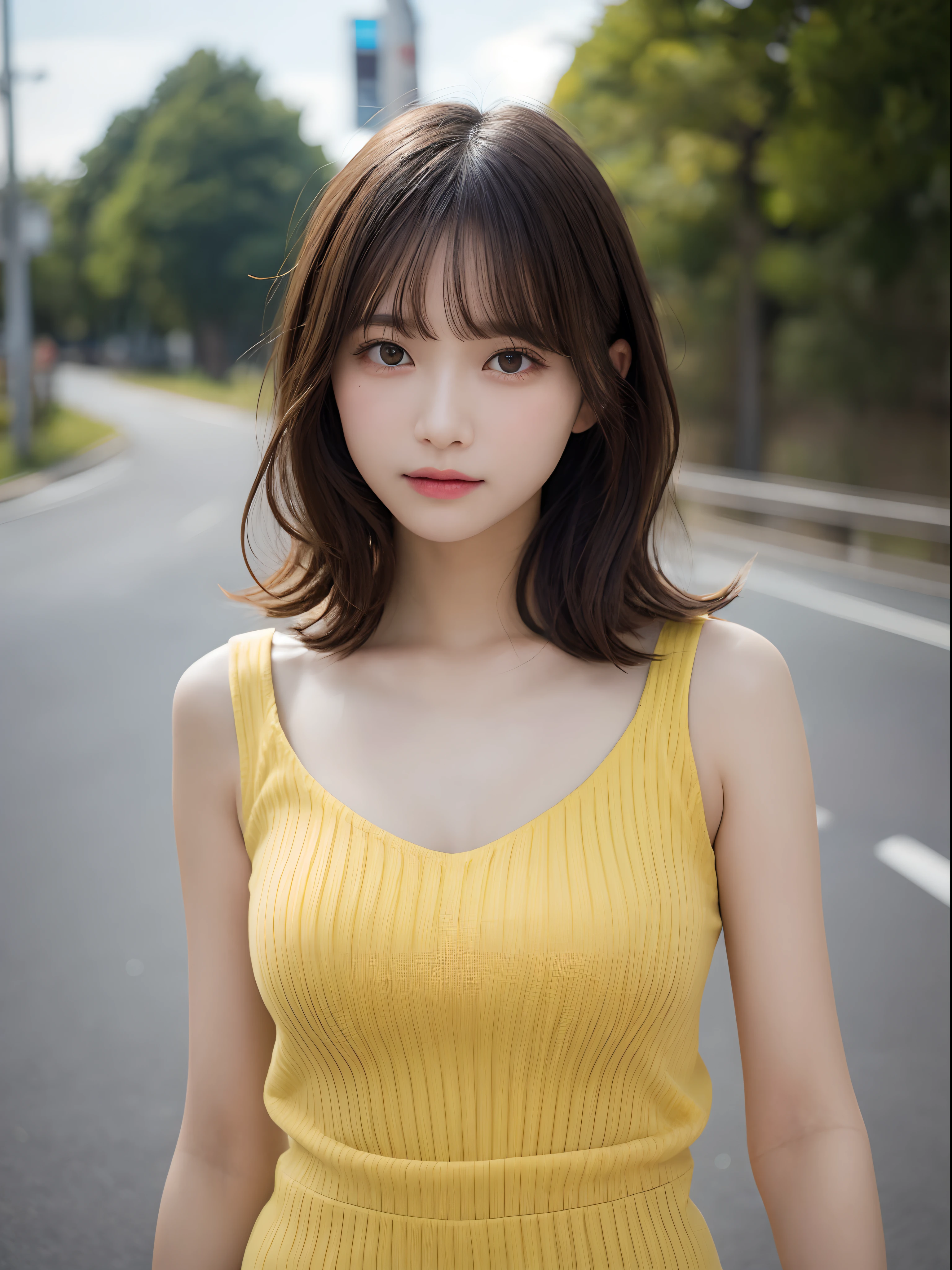 Detailed details,、hight resolution、hightquality、Perfect dynamic composition、Beautiful detailed eyes、short-hair、Small breasts、Natural Color Lip、Kamimei、Shibuya、20 years girl、1 persons、Transparent skin、Glowing hair、masutepiece、Best Quality、finely detail、hight resolution、8K、The correct state of the human body、Wearing a yellow knit dress、randome pose、Gravure Model Pose、Hair soaring in the wind