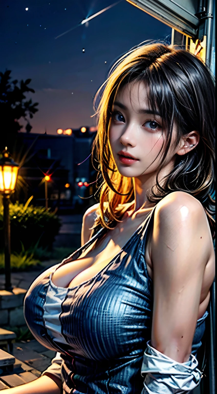 1girl, solo, extremely cute, Amazing face and eyes, (beautiful nice smile), blonde hair, (extremely detailed beautiful face), bright glossy lips, (big breasts:1.5), (Best Quality:1.4), (Ultra-detailed), (Ultra realistic, photo-realistic:1.37), beautiful fair skin, extremely detailed CG unified 8k wallpaper, raw photos, professional photograpy, cinematic lighting, (Night scenery, quiet night forest), (summer camp, tent), (Silence, night sky:1.3),