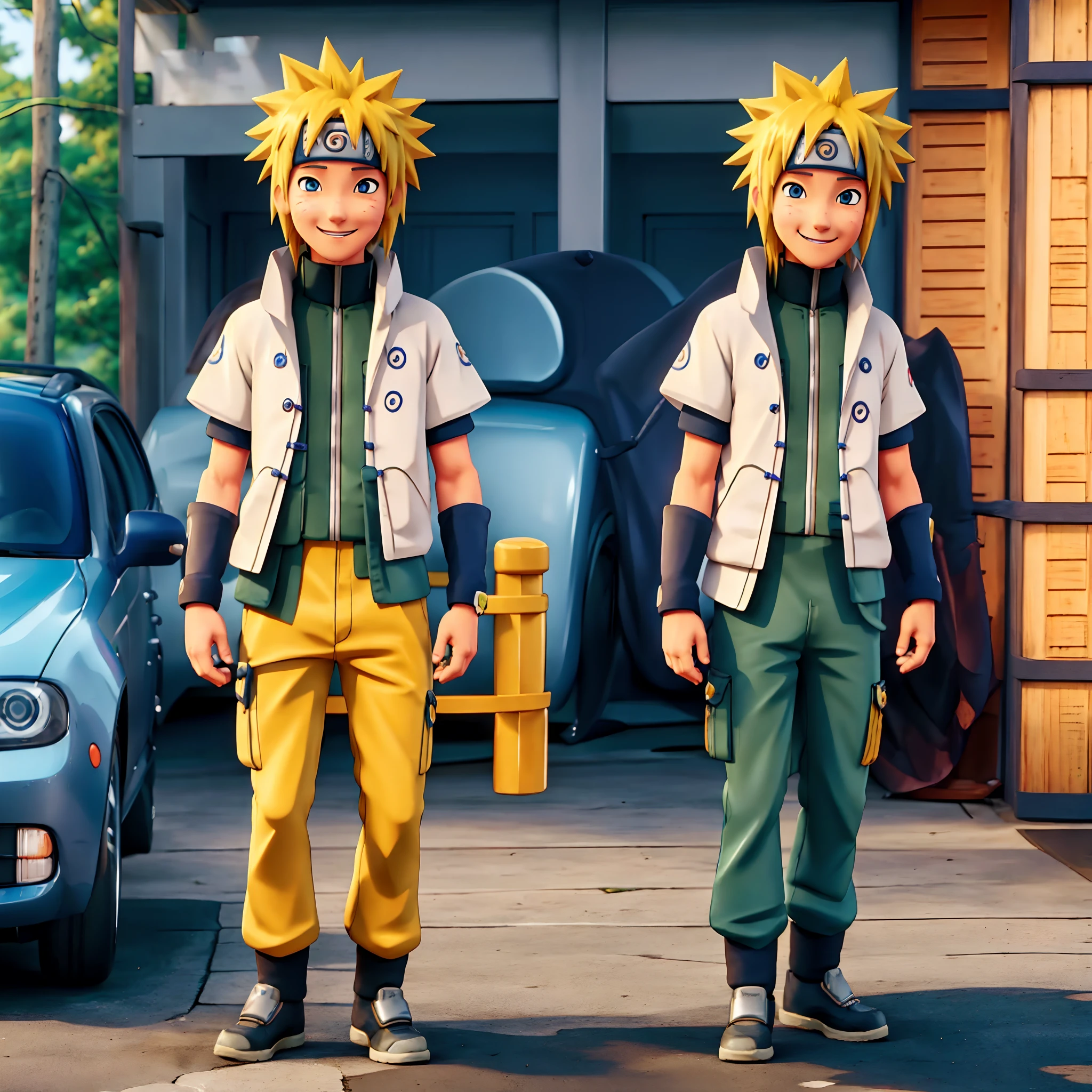 1man, minato namikaze in anime naruto shippuden, short hair , yellow hair, blue eyes, smile, handsome, white clothes, realistic clothes, detail clothes, city background, ultra detail, realistic