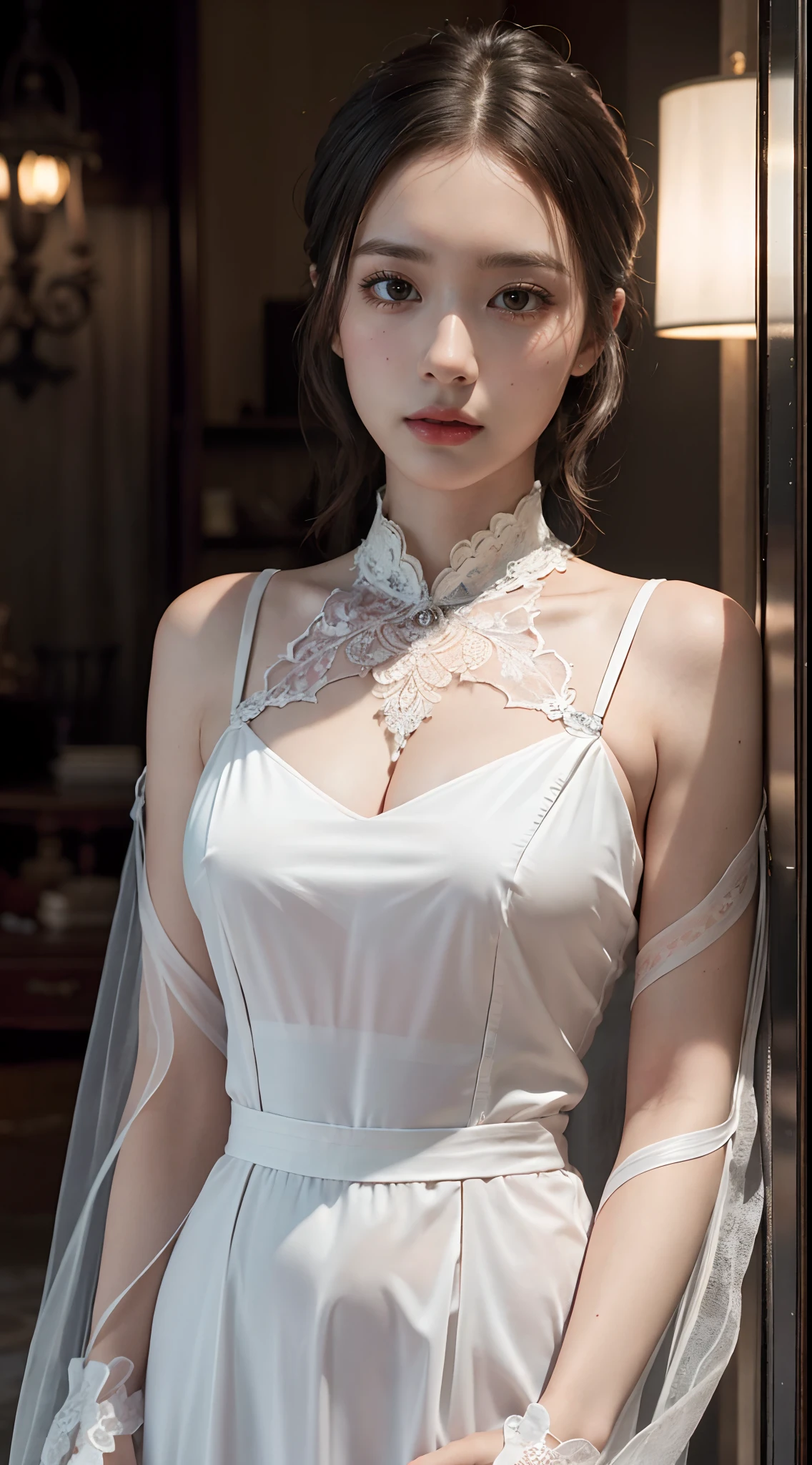 best quality, masterpiece,intricate detail, depth of field,highest quality,extremely detailed,high res,4k,ultra high res,detailed shadow,ultra realistic,realistic,dramatic lighting, 1girl, solo,detailed face,detailed eye,realistic skin,narrow waist,lace, lace trim,dress,delicate pattern, intricate detail,