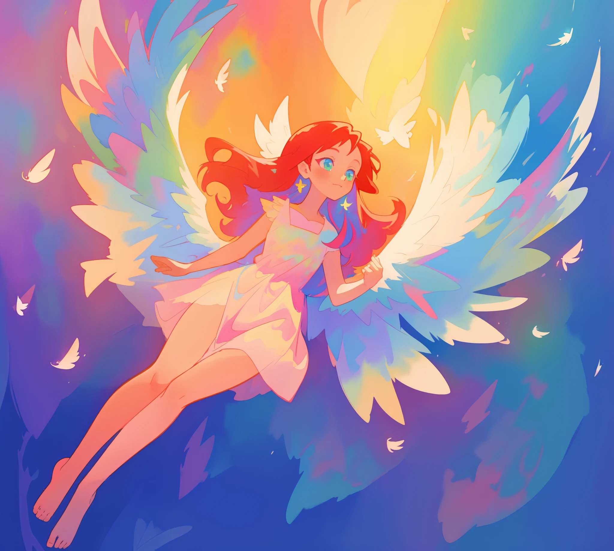beautiful angel girl barefoot in shimmering long colorful dress, ((colorful angel wings)), vibrant pastel colors, long flowing red hair, colorful fantasia background, watercolor illustration, disney art style, beautiful digital illustration, beautiful, masterpiece, best quality, anime disney style, beautiful face, ((angel)), ((angel wings))