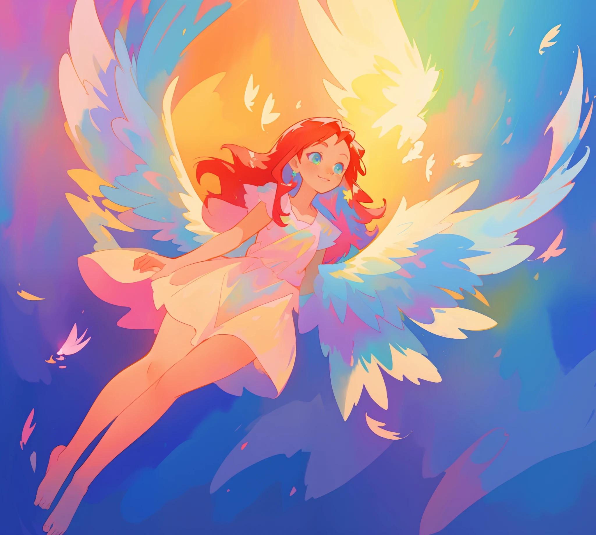 beautiful angel girl barefoot in shimmering long colorful dress, ((colorful angel wings)), vibrant pastel colors, long flowing red hair, colorful fantasia background, watercolor illustration, disney art style, beautiful digital illustration, beautiful, masterpiece, best quality, anime disney style, beautiful face, ((angel)), ((angel wings))
