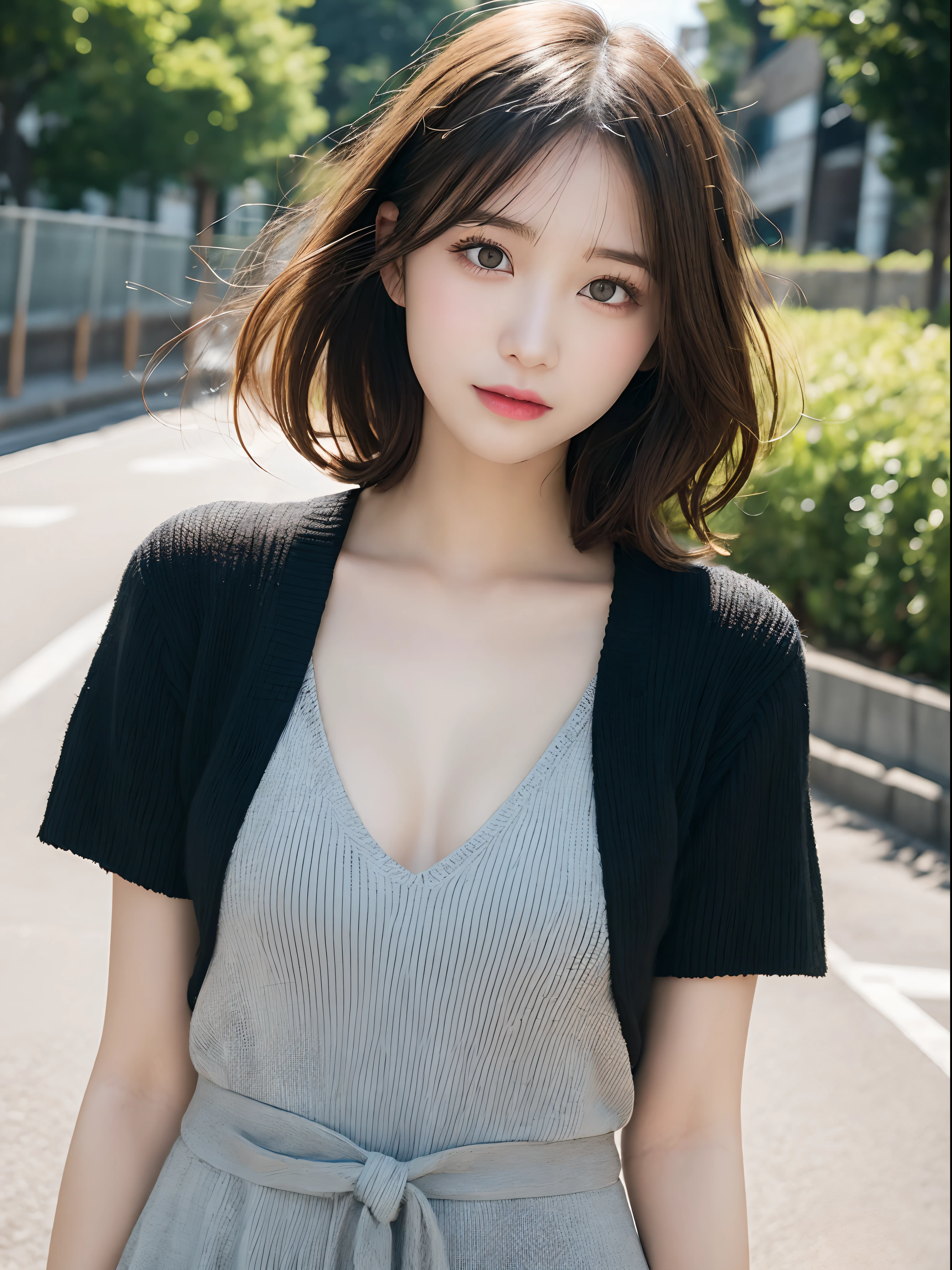 Detailed details,、hight resolution、hightquality、Perfect dynamic composition、Beautiful detailed eyes、short-hair、Small breasts、Natural Color Lip、Kamimei、Shibuya、20 years girl、1 persons、Transparent skin、Glowing hair、masutepiece、Best Quality、finely detail、hight resolution、8K、The correct state of the human body、Wearing a black knitted dress、randome pose、Gravure Model Pose、Hair soaring in the wind