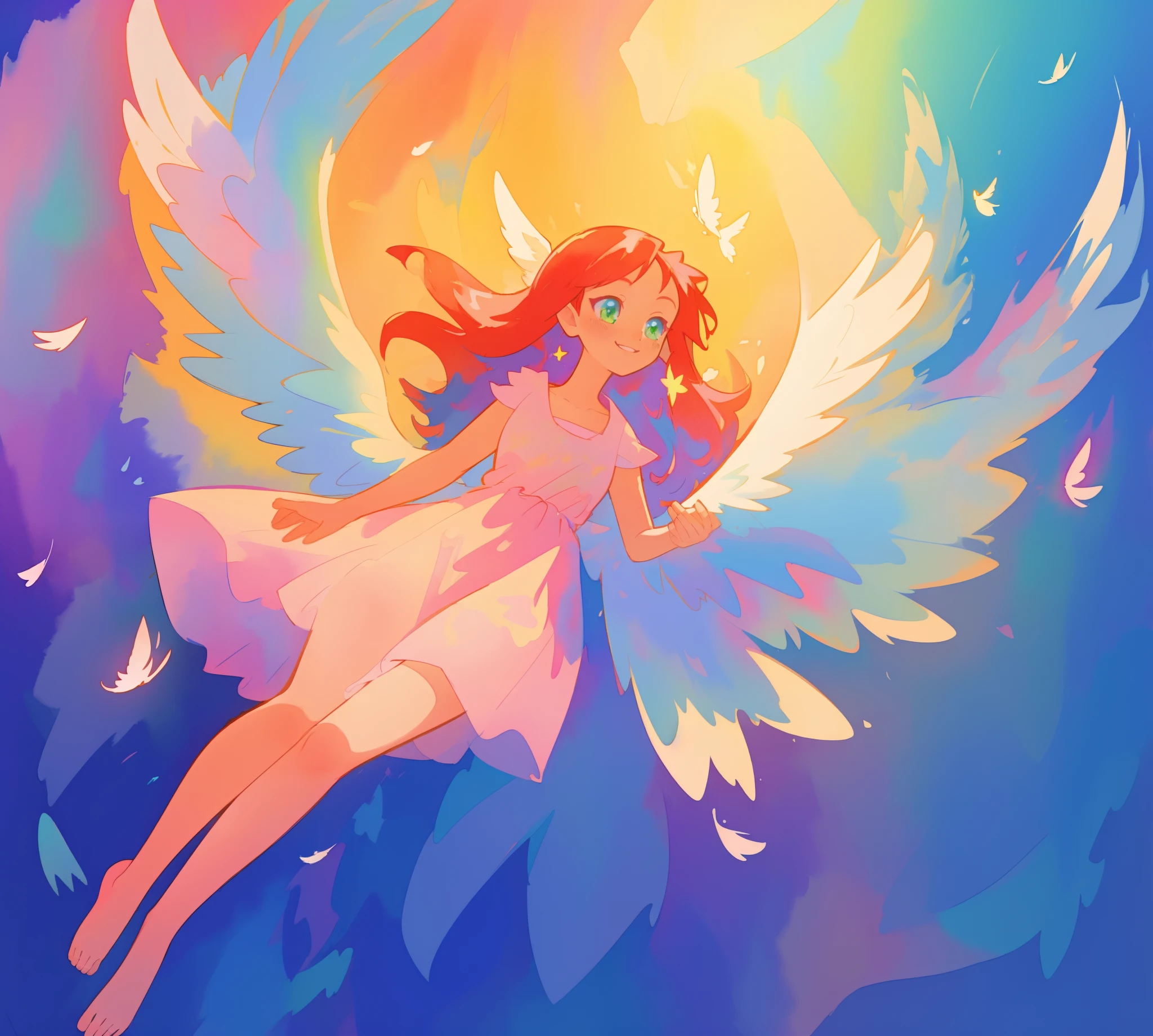 beautiful angel girl barefoot in shimmering long colorful dress, ((colorful angel wings)), vibrant pastel colors, long flowing red hair, colorful fantasia background, watercolor illustration, disney art style, beautiful digital illustration, beautiful, masterpiece, best quality, anime disney style, beautiful face, ((angel)), ((angel wings))