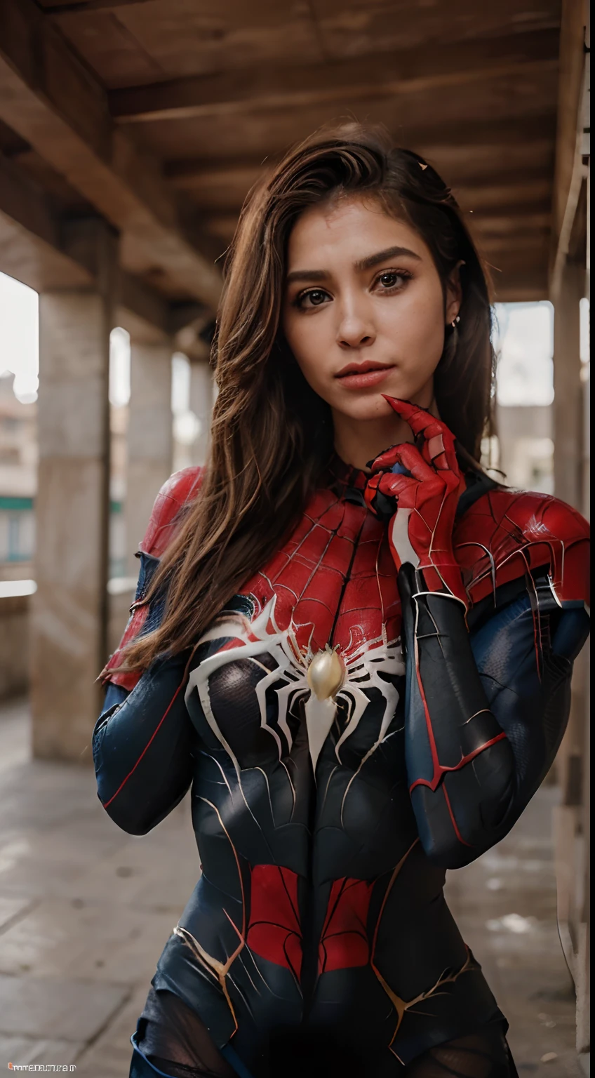 Full body photo of female Spiderman, atmospheric scene, (1girl, detailed beautiful face, big, breasts, big butt, detail skin texture, ultra-detailed body:1.1), rear view, masterpiece, best quality, UHD, masterpiece, super detail, high details, high quality, award winning, best quality, highres, 16k