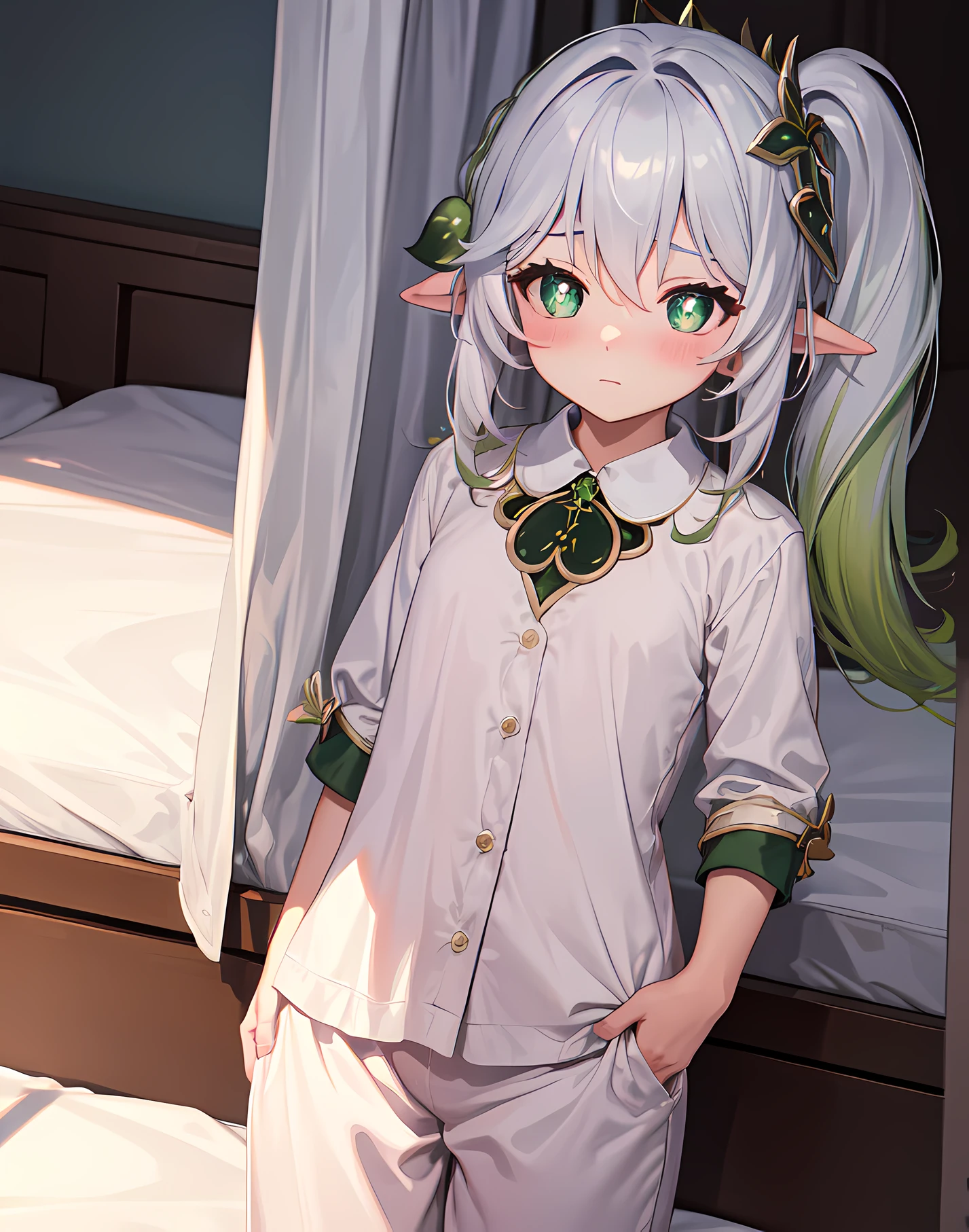 (masterpiece:1.2),(best quality,highres), meticulous shading and highlights, nahidarnd, pajamas, sleep shirt, sleep pants, blush, (upperbody), bed, indoors, (arm behind back)