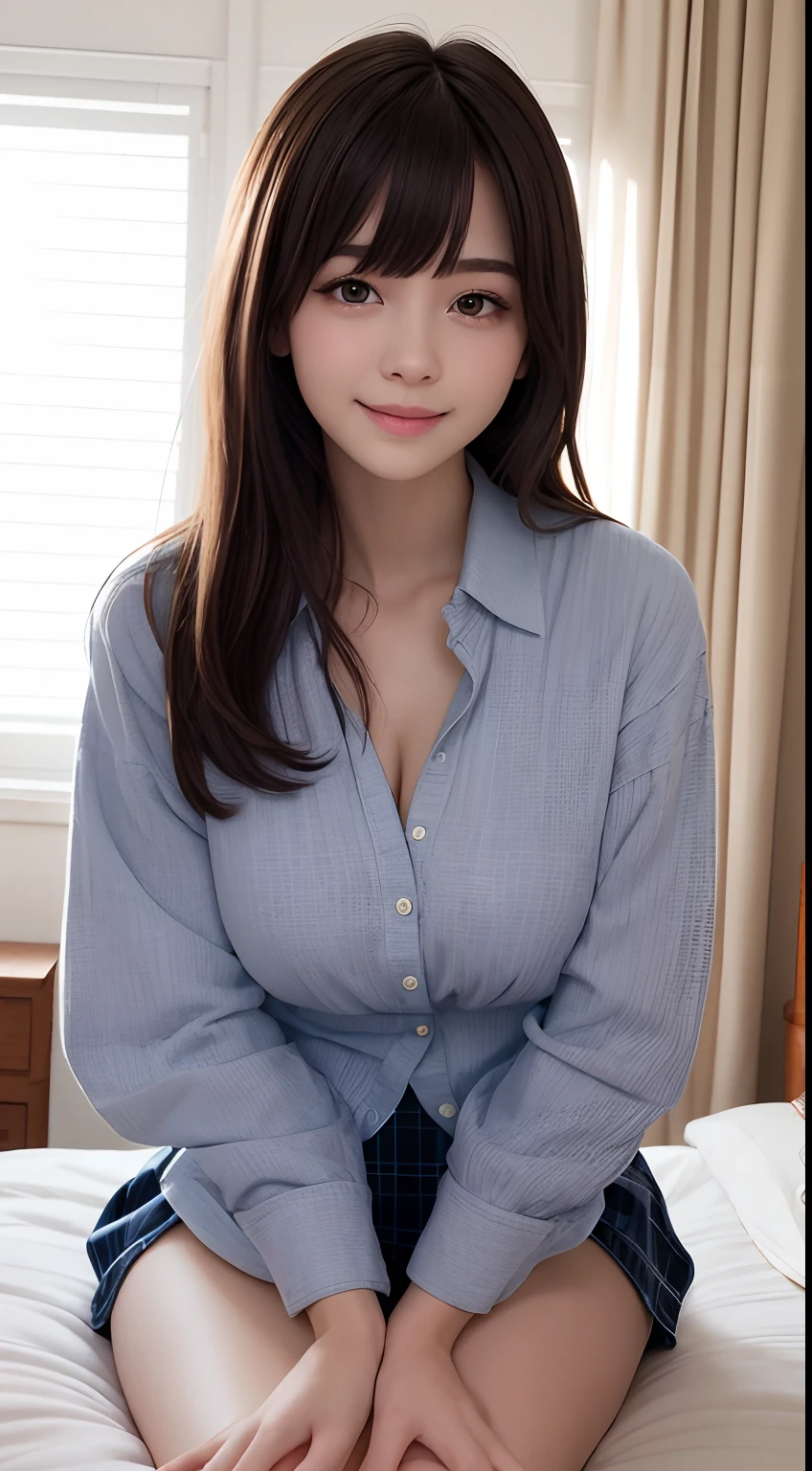 Smile、photorealisim、top-quality、超A high resolution、a picture、Photos of very beautiful Nordic-born girls、Extraordinarily beautiful girl、Detailed cute and beautiful happy face、(pureerosface_v1:0.008)、Beautiful bangs、alice in the wonderland、12year old、Glowing white shiny skin、Bangs that extend to the face、Bangs between the eyes、length hair、Attractive bright natural platinum blonde silky hair、Cute hairstyles、finer hair、thin-waist、High-definition eyes、Beautiful, Bright and clear、Big light blue eyes shine charmingly、Uniform Uniform、plaid pleated skirt、eye liner、Double eyelids、Lush medium semi-nude bust、clevage、Perfect beautiful young body、Perfectly proportioned body、Bedrooms、sit on a bed、sit in