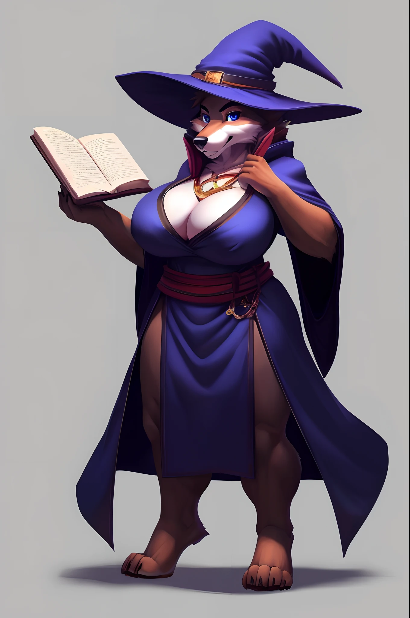 Black wolf, large breasts, wizard robe, cleavage, wizard hat, looking at viewer, standing, shopkeeper, ((full length portrait)), fullbody,  blank background, sexy pose, highly detailed, detailed, hi res, high resolution, reading