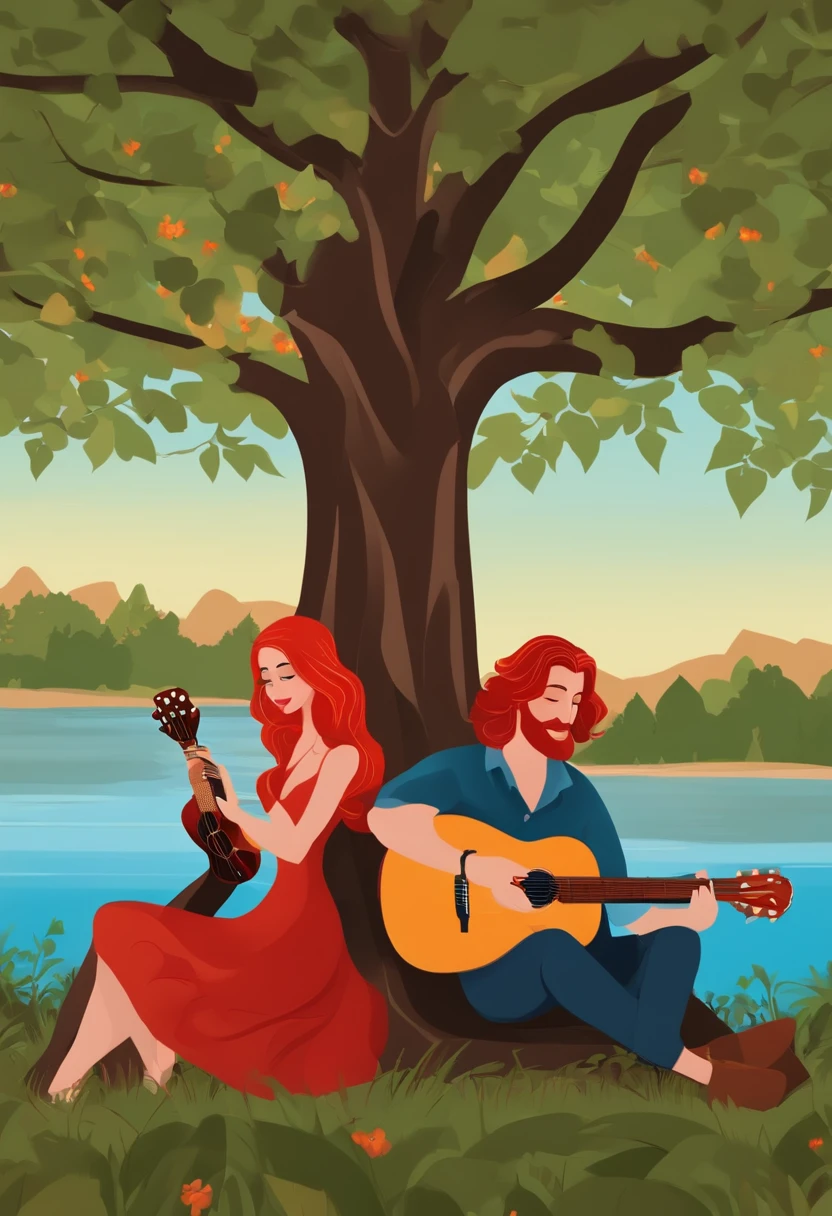 Cartoon character of a couple sitting under a tree. He's red-haired and he's holding a guitar. She's brunette and long-haired.