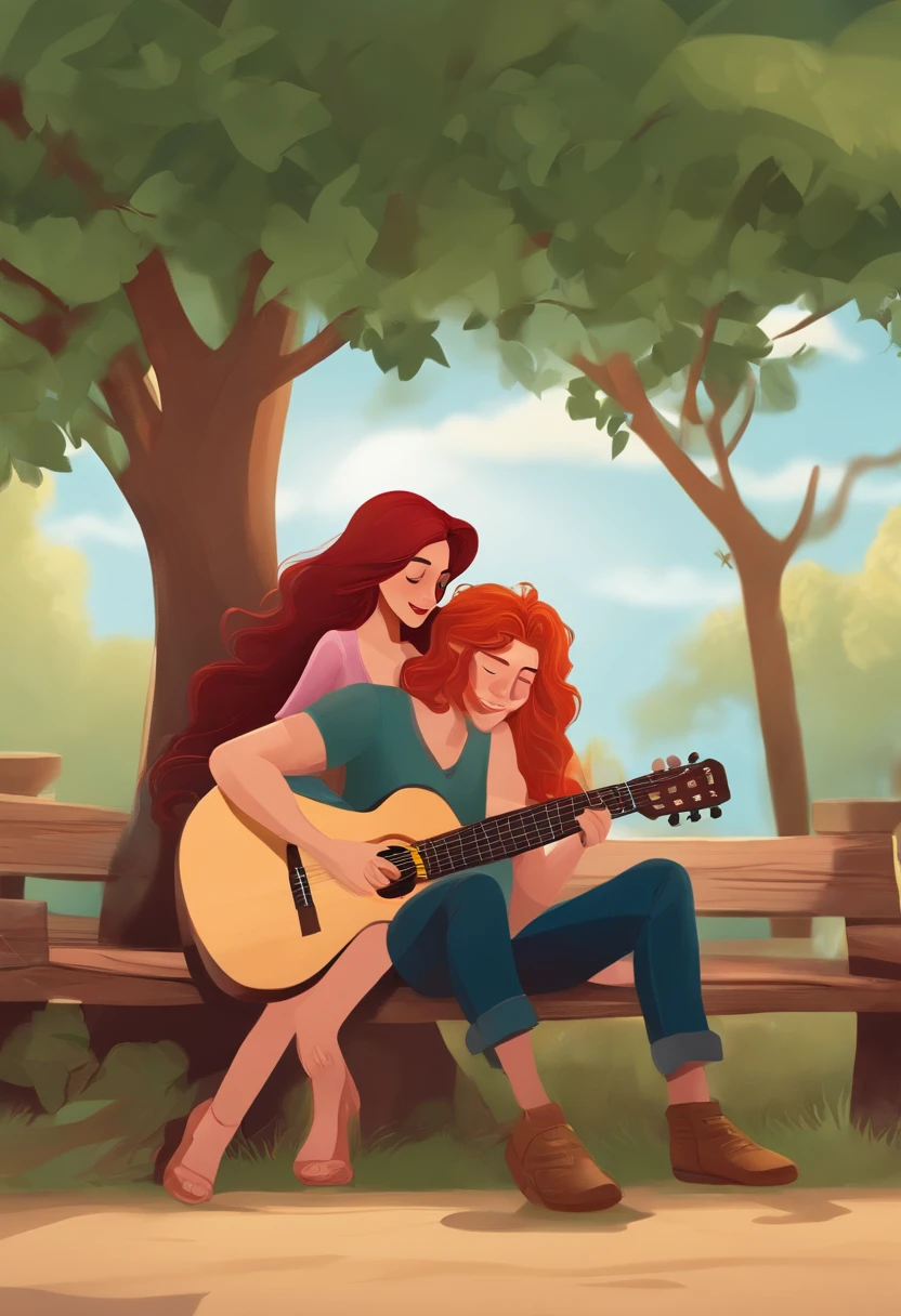 Cartoon character of a couple sitting under a tree. He's red-haired and he's holding a guitar. She's brunette and long-haired.