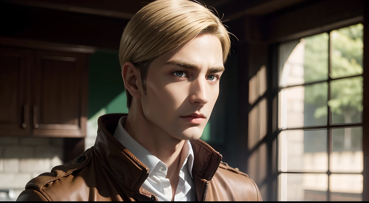 erwin_smith, brown jacket, white shirt, collar, blond hair, British, realistic skin
