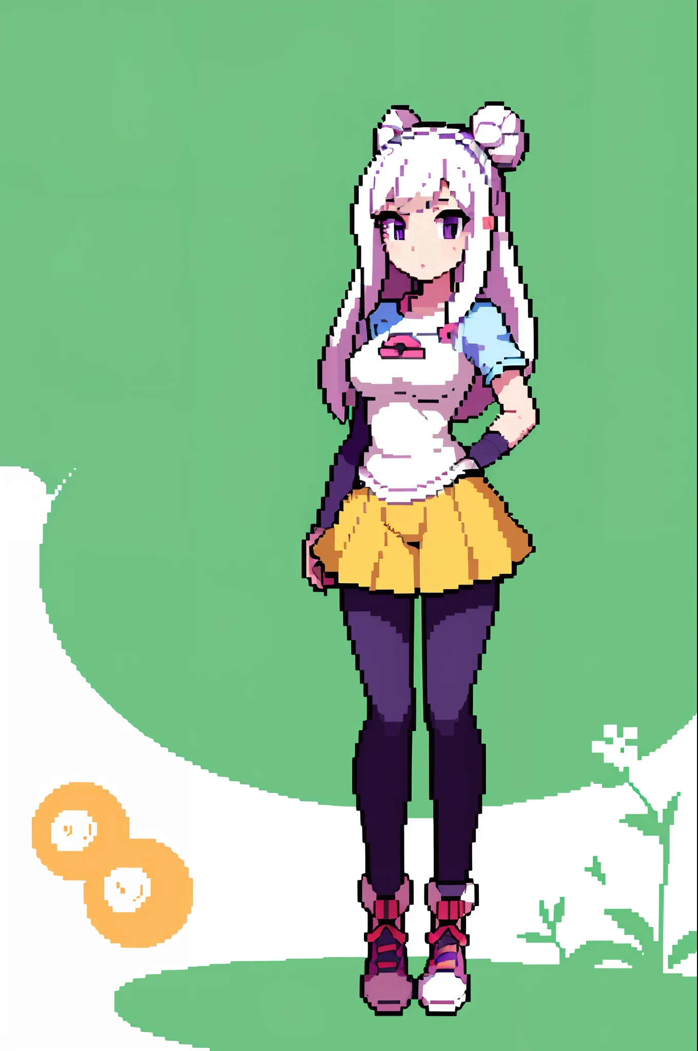 (masterpiece, top quality, best quality), pixel,pixel art,1girl,full body, Emilia, white hair, purple eyes, long hair, x hair ornament, flower hair ornament, pokemon uniform, Rosa’s outfit, pokeball, in a forest, 16bit
