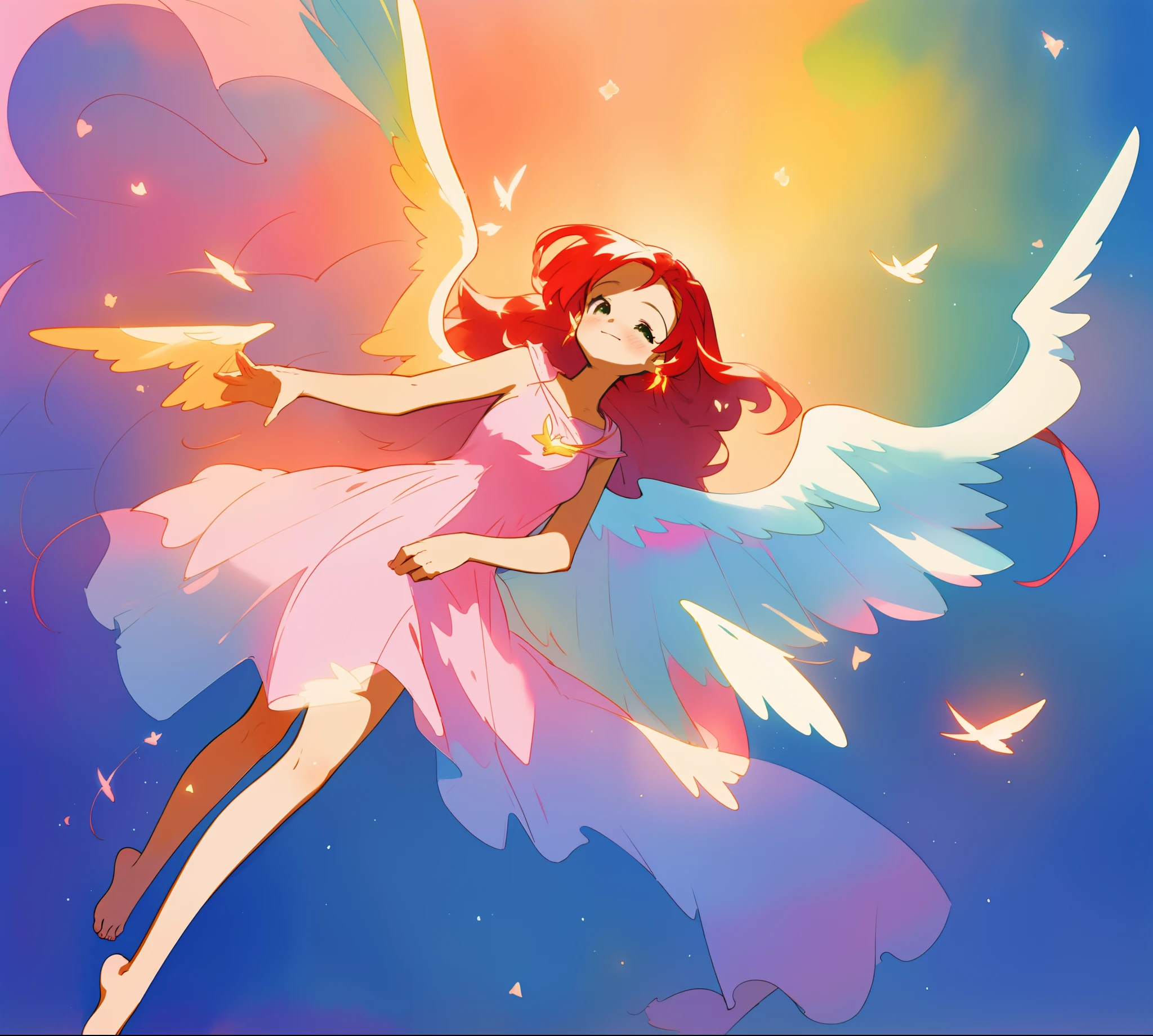 beautiful angel girl barefoot in shimmering long colorful dress, ((colorful angel wings)), vibrant pastel colors, long flowing red hair, colorful fantasia background, watercolor illustration, disney art style, beautiful digital illustration, beautiful, masterpiece, best quality, anime disney style, beautiful face, ((angel)), ((angel wings))