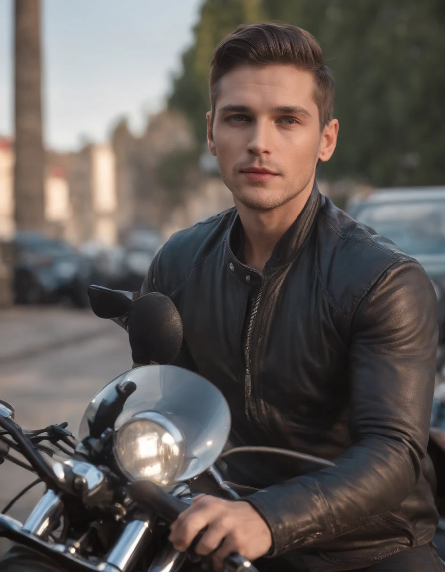 Imagens semelhantes a filmes, ((mid closeup)), Public-facing face, (realidade :1.3), A arte mais bonita do mundo, A man looks at the camera.., Roupas modernas para motociclistas, Festa do motociclista, Rostos bonitos em detalhes, Action shots, (intrincado :1.4), rua Fundo, retrato fotorrealista, luz do dia, Global lighting, CG, Art Station, master part, Fotografia HD