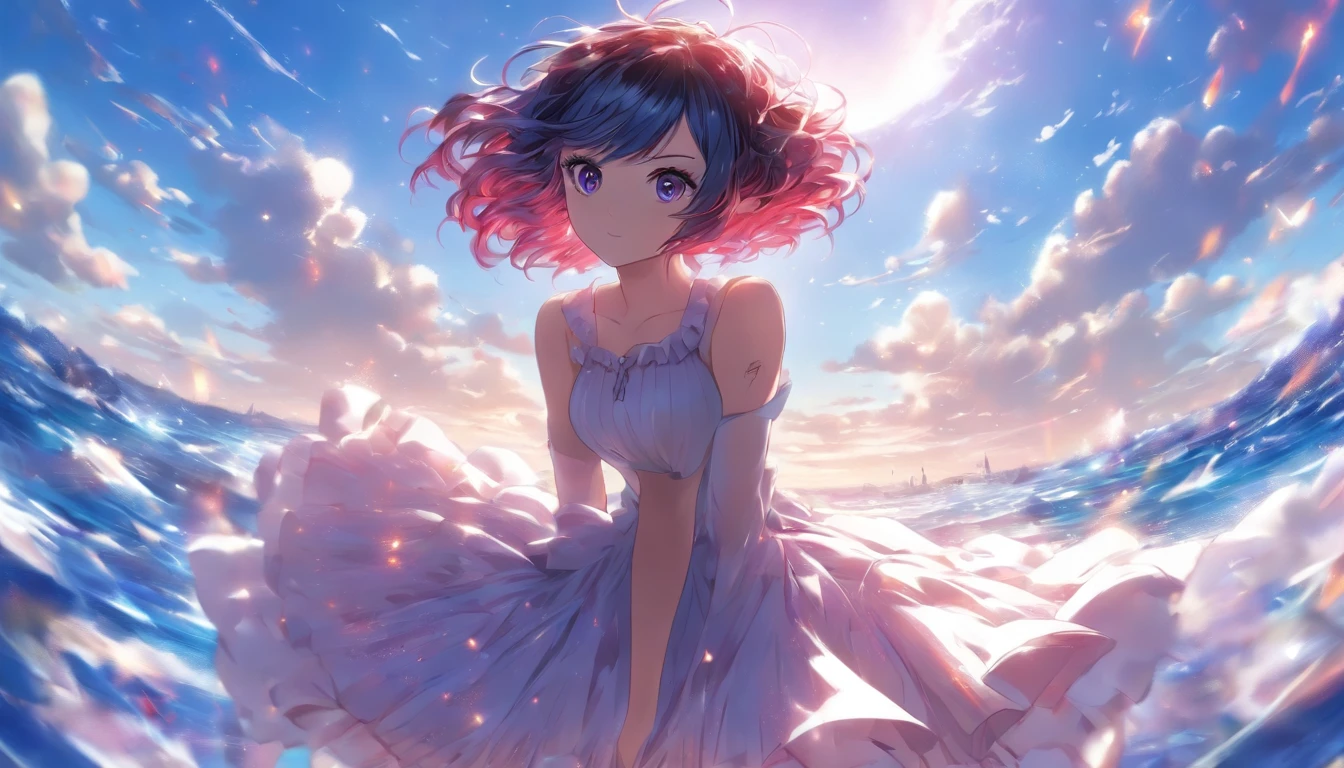 1girl, short purple hair, better shadows, better light, better facial detail, red eyes, white puffy dress, black tights, white shoes, full-length, blue sky and sea on the background.