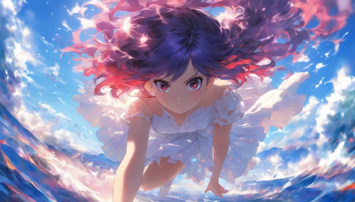 1girl, short purple hair, better shadows, better light, better facial detail, red eyes, white puffy dress, black tights, white shoes, full-length, blue sky and sea on the background.
