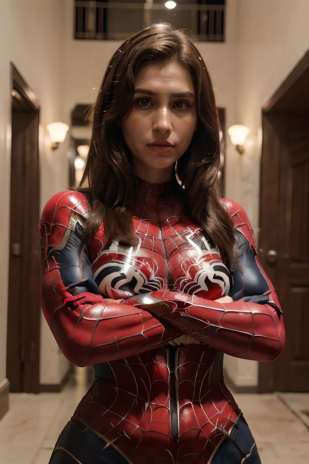 (( melhor qualidade, absurdo, ultra detalhado, obra-prima)), 3 mulheres lindas(( 21 anos , corpo ampulheta, seios enormes,seios enormes,detalhados e perfeitos(( 2 hands, rosto, olhos ,dedos)), cada uma usando uma cosplay diferente(( supergirl, mulher maravilha, homem aranha))