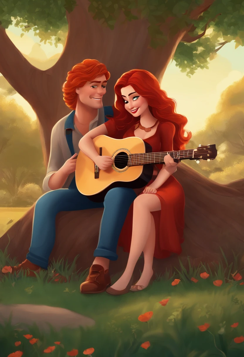 Cartoon character of a couple sitting under a tree. He's red-haired and holds a guitar. She is brunette and long-haired.