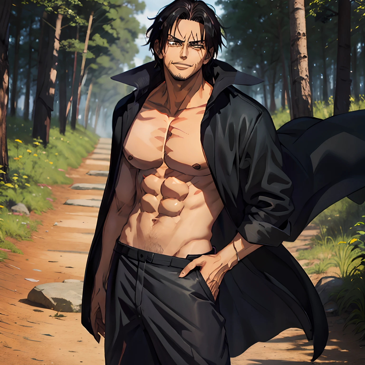 Muscular Male, buff, Toji Fushigoro, Fushigoro, Toji, Fushigoro Toji, powerful, shirtless, standing in a forest, clinging onto a tree, smiling, murderous intent, pure white eyes, no pupil, no pupils, buff, strong, long black pants, no shoes, sharp fingernails, long black hair with white highlights, purple fur coat, fashionable, long black hair, one man, chiseled body features, handsome, mighty, standing upright, facing the camera, full body in view, defined, detailed, long black hair, Eren Yeager, Yeager, Eren, detailed face, manly, light stubble, small thin beard, berserk looking, ferocious, monstrous, in clear view, main focus point, purple or black furcoat, scar claw mark over right eye