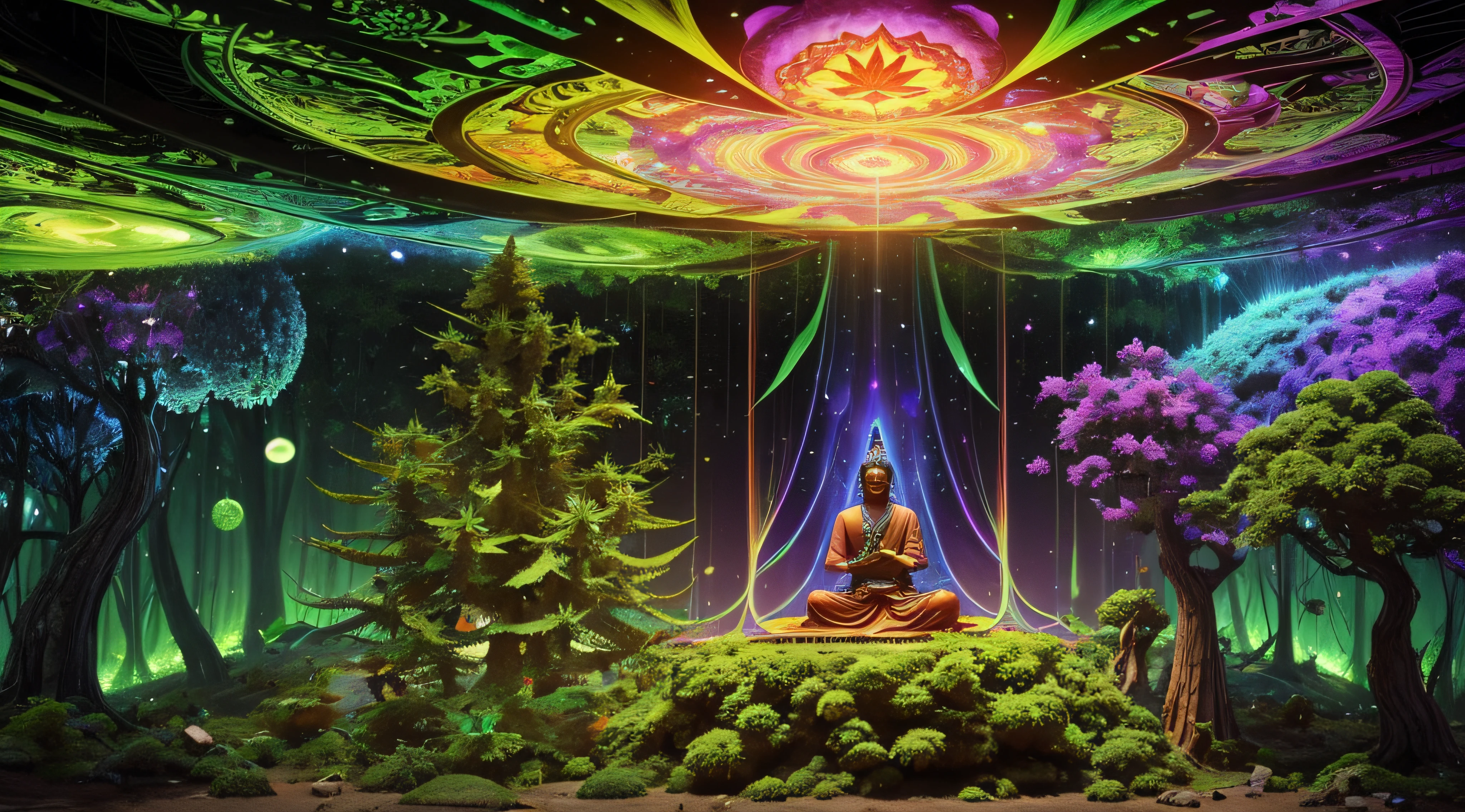 a ((psychedelic)) ((universe)) which is too large to recognize the whole part, (marijuana), (magic-mashroom), ((trippy)), all these psychedelic substances are supposed to be free, fractal, all the ideas of innovation, artificial intelligence, Ideas and creativity drawn from the dreamscape, taking technology and computer science to new dimensions, The universe of marijuana smoke that fills the air, crazy and perverse ideas that eventually lead to (innovation), Huayanism, a doctrine of Mahayana Buddhism that developed from ancient India, holds that all existence is empty and has no separate substance, The universe and existence are interdependent and all things are connected