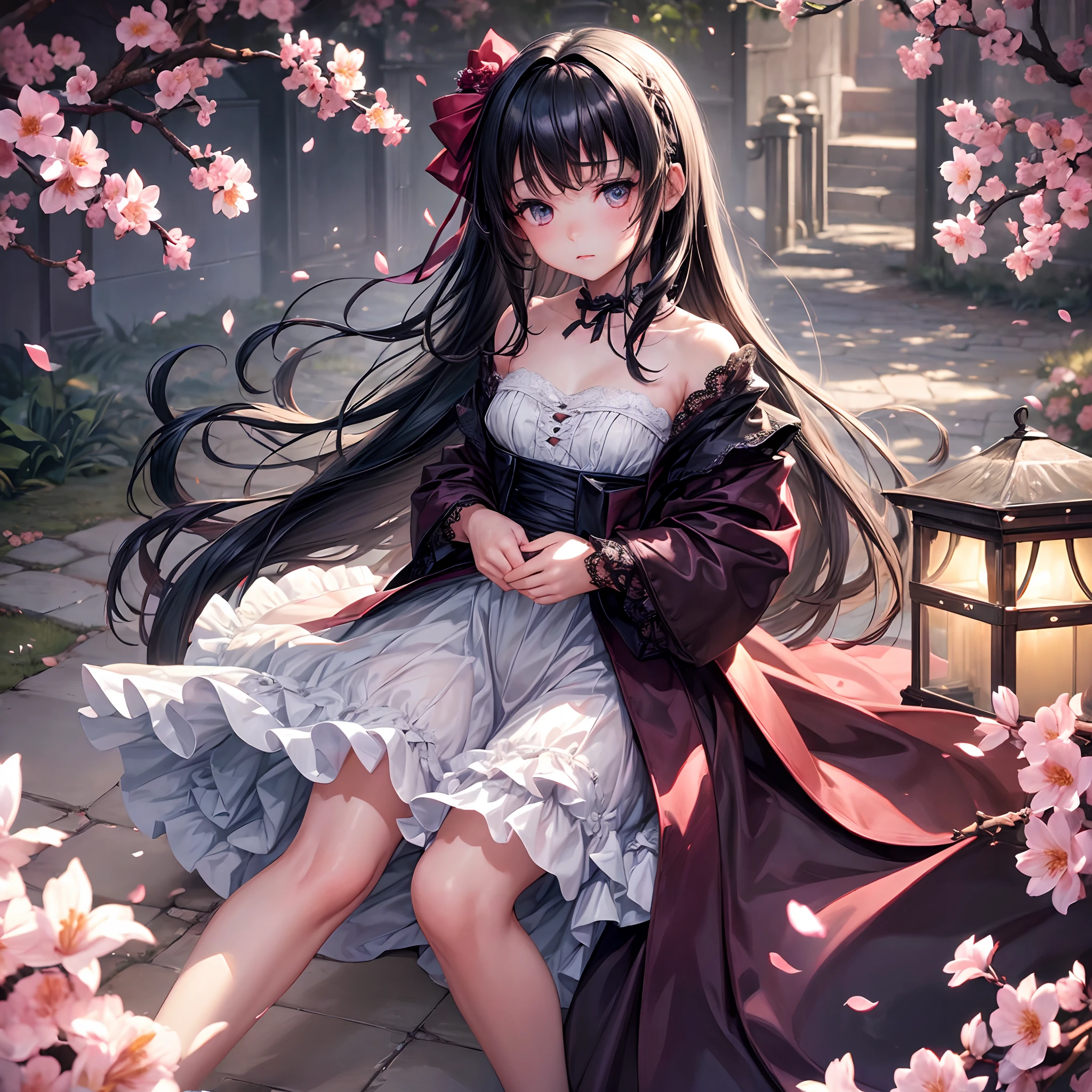 ( Girl:1.5),Lace,bow ribbon,(masutepiece, side lights, Dense beautiful gray eyes: 1.2), medium breasts⁩, Realistic, Glowing eyes,Shiny hair,Black hair,Long long hair, Lustrous skin, Solo, embarrassed from,Strapless,Exquisite,beautifly,garden,Flowers,Flying petals, Bare legs, cherry blossom, Cinematic Light, Cinematic composition, Rich expression