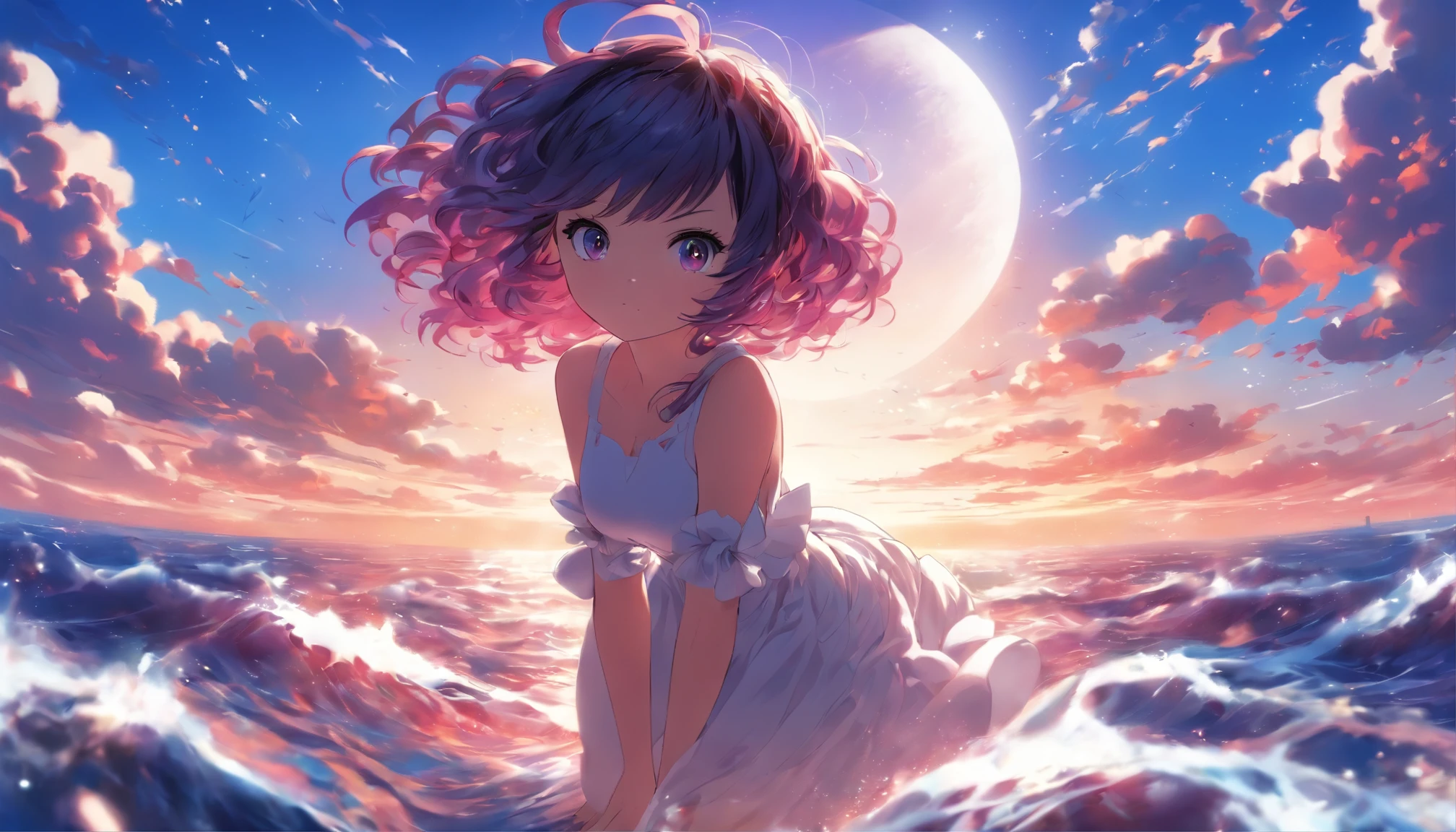1girl, short purple hair, better shadows, better light, better facial detail, red eyes, white puffy dress, black tights, white shoes, full-length, blue sky and sea on the background.