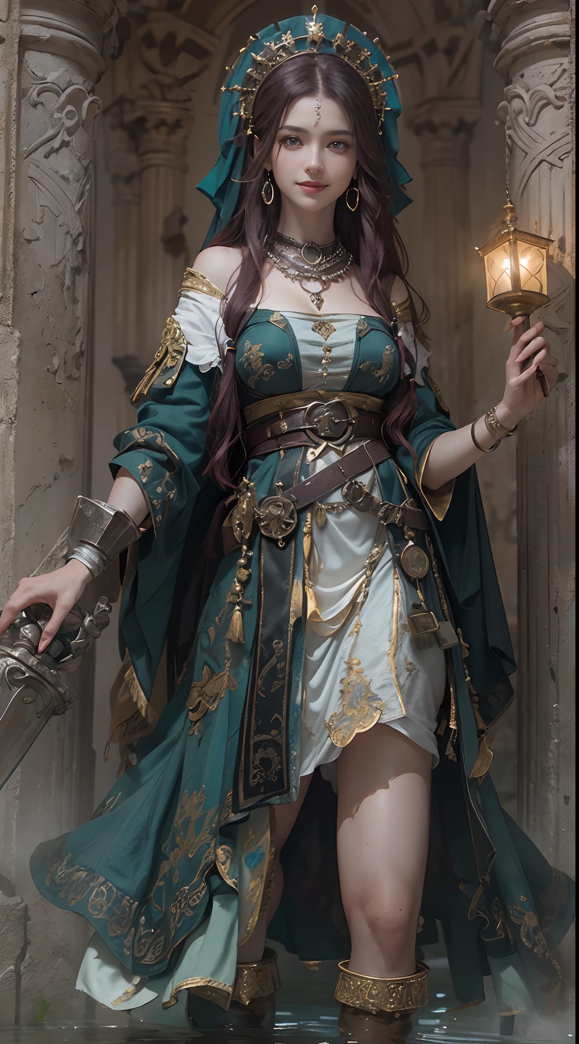 (Numerous award-winning masterpieces of, With incredible details, textures and maximum detail), (Ultra photo realsisim:1.4), (Realistic:1.3), (best quality real texture skin), ((medieval world)), finely quality eyes, finerly detailed face, (((Blacksmith's hammer))), , (Slender blacksmith in black), (Slender blacksmith in black), Gentle eyes, ((perfect and beautiful fingers)), ((perfect and beautiful arms)), (She has a mischievous smile on her face:1.4), Friendly and girlish face, (The devil dances overhead), Glass earrings on the ears, (Dramatic photo:1.6), Shining majestic lightning storm cloud mass and sky, halo optical phenomenon, Anti-Sacred Light, Twilight, Sunset, Dusk, (Dramaticlight), (A majestic sight), (Her expression was calm and gentle,Tremendously beautiful,but somehow terrifying), (A noble gesture), (Golden hair, Silver hair, Maroon hair), ((full-body portraits)), ((head looking up)), ((Looking down)), (full-body standing image:1.5), (She had a simple necklace around her neck,The workmanship is evil and delicate), Purgatory Altar, Old ruins infested with plants, The Great Temple of the Devil, great cathedral, The Devil's Grand Shrine, Temple ruins, detached temple, Magical Circle, Ancient Castle Site, Deserted ruins, crumbling ruins, Ancient ruins with clear water, wavelets, running water,Raised sexy,Camel toes,Flushed complexion,Desire for dissatisfaction,frontage,Correct anatomy,Detailed face, Detailed eyes,