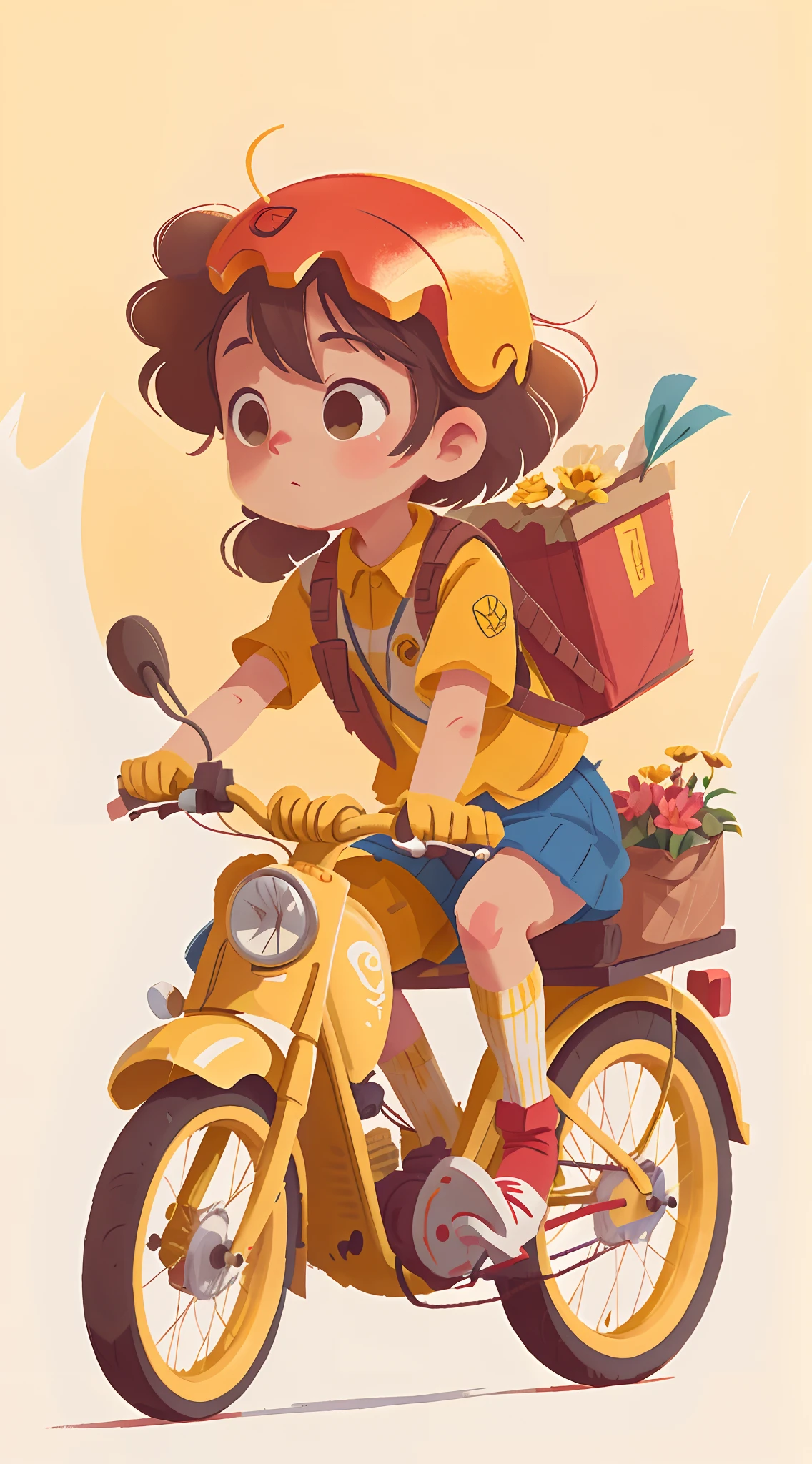 Flat illustration,Yellow delivery girl,Riding a yellow motor,Flowers are in the frame,wearing her helmet,Pale color background,Medium Shot Shot,8K