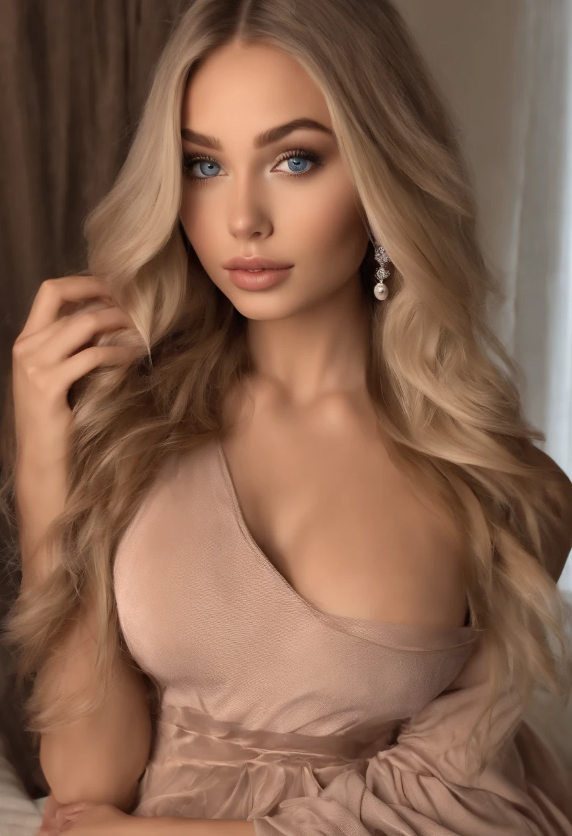arafed woman fully , sexy girl with blue eyes, ultra realistic, meticulously detailed, portrait sophie mudd, blonde hair and large eyes, selfie of a young woman, bedroom eyes, violet myers, without makeup, natural makeup, looking directly at the camera, face with artgram, subtle makeup, stunning full body shot kneeling on bed, in bedroom, medium to large size bust