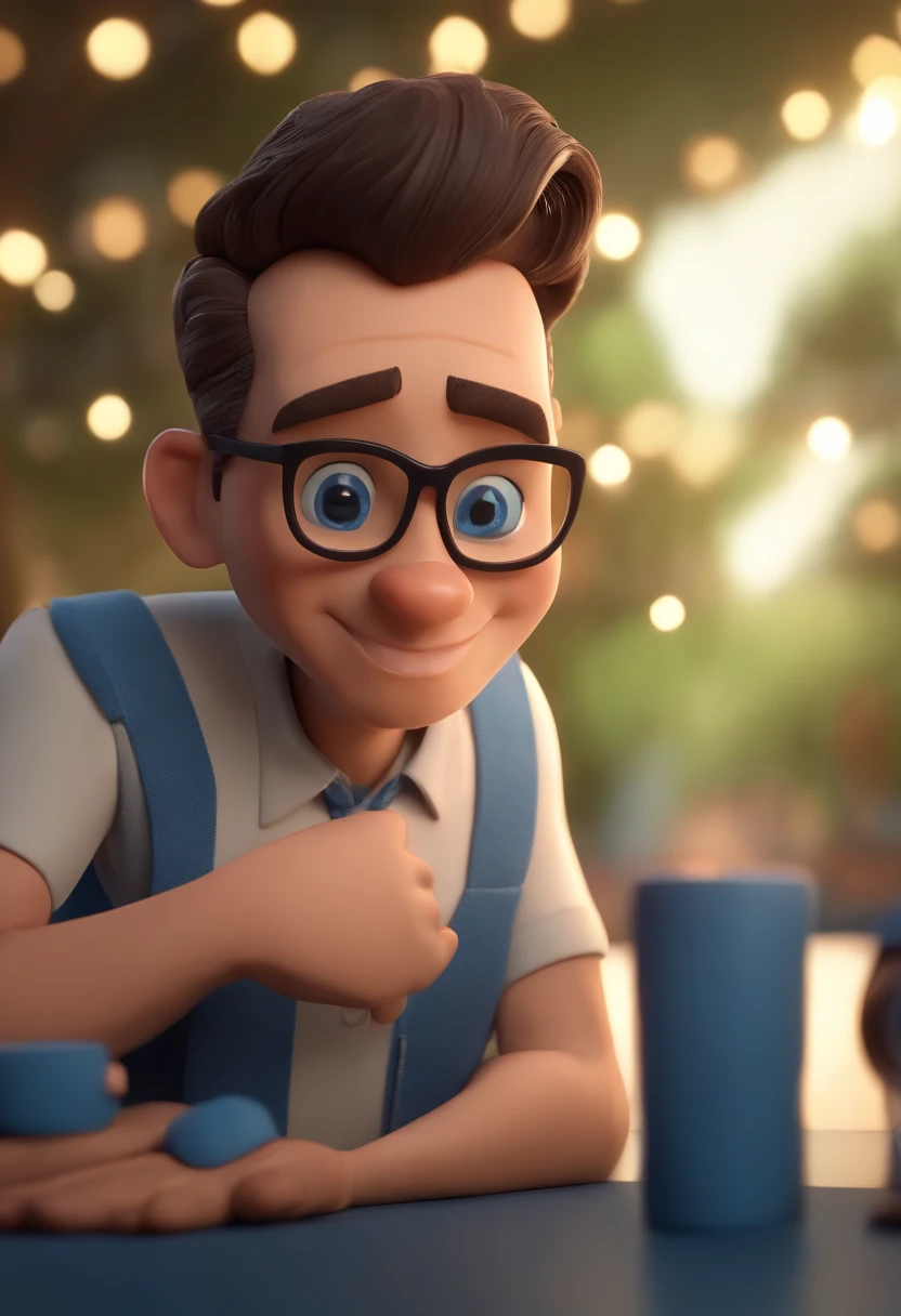 Cartoon character of a man wearing black glasses and a blue shirt, um personagem animado, Caractere estilizado, animation style rendering, 3D estilizado, Arnold Maya render, 3 d render stylized, toon render keyshot, Personagem 3D, Personagem 3D, 3d rendering stylized, 3 d character render, personagem de desenho animado, Personagem de close up, Pose de personagem, (Estilo Pixar) (master part:1.2) (Bokeh) (best quality) (pele detalhada) (textura detalhada) (8k) (argila) (Cinematic lighting) (foco nítido，Senta e vaza a parte superior do corpo