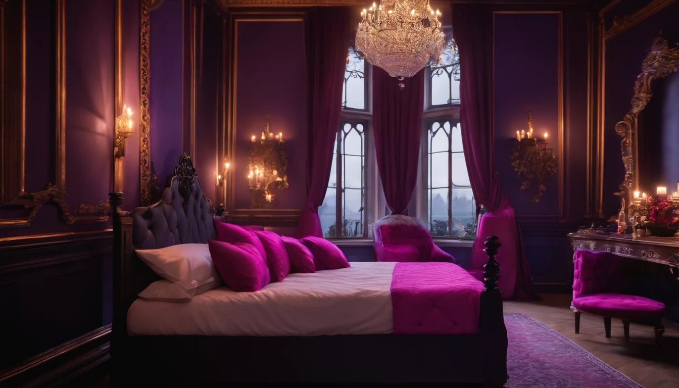 gothic bedroom, four poster bed, violet and hot pink, ultra-realistic, ultra quality, ultra-detailed, front view, cinematic, castle, night, victorian architecture,  indoors, full moon, large gothic fireplace, indoors, candlelight, hdr