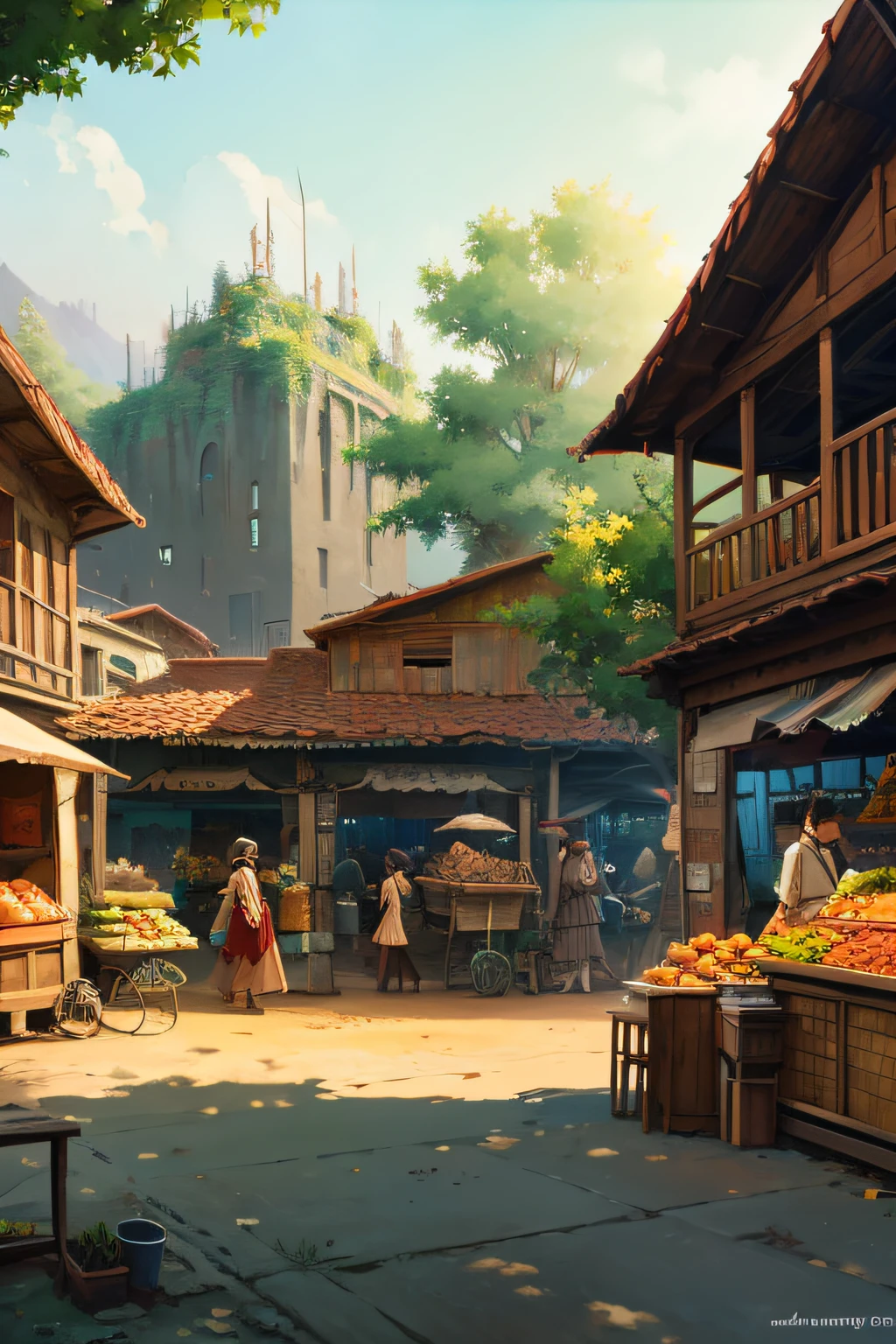 frontage, front, plein air, Innovative style of the fruit market, Lempy, Large environments, No people, Single location, Anime style, Scenery, Horizontal view