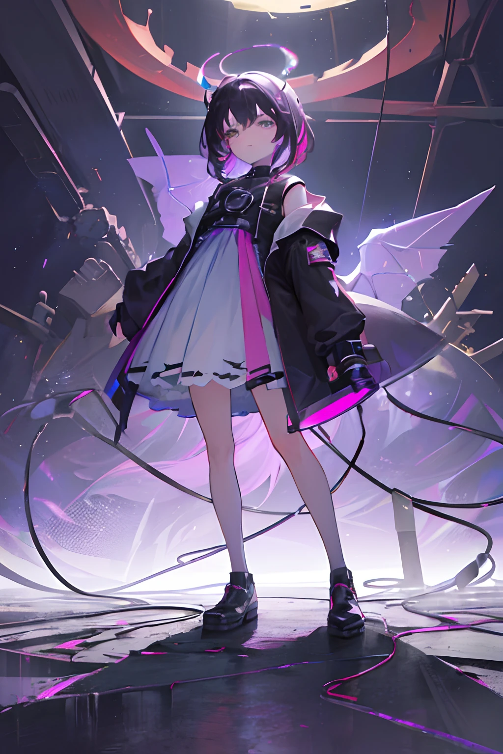 masterpiece, best quality, dreamwave, aesthetic, (split, heaven and hell:1.4), cavern, clouds, (multicolored background, multicolored lights, magic, black hole), 1girl, solo, standing, full body, armored dress, white dress, purple hair, smug, short hair